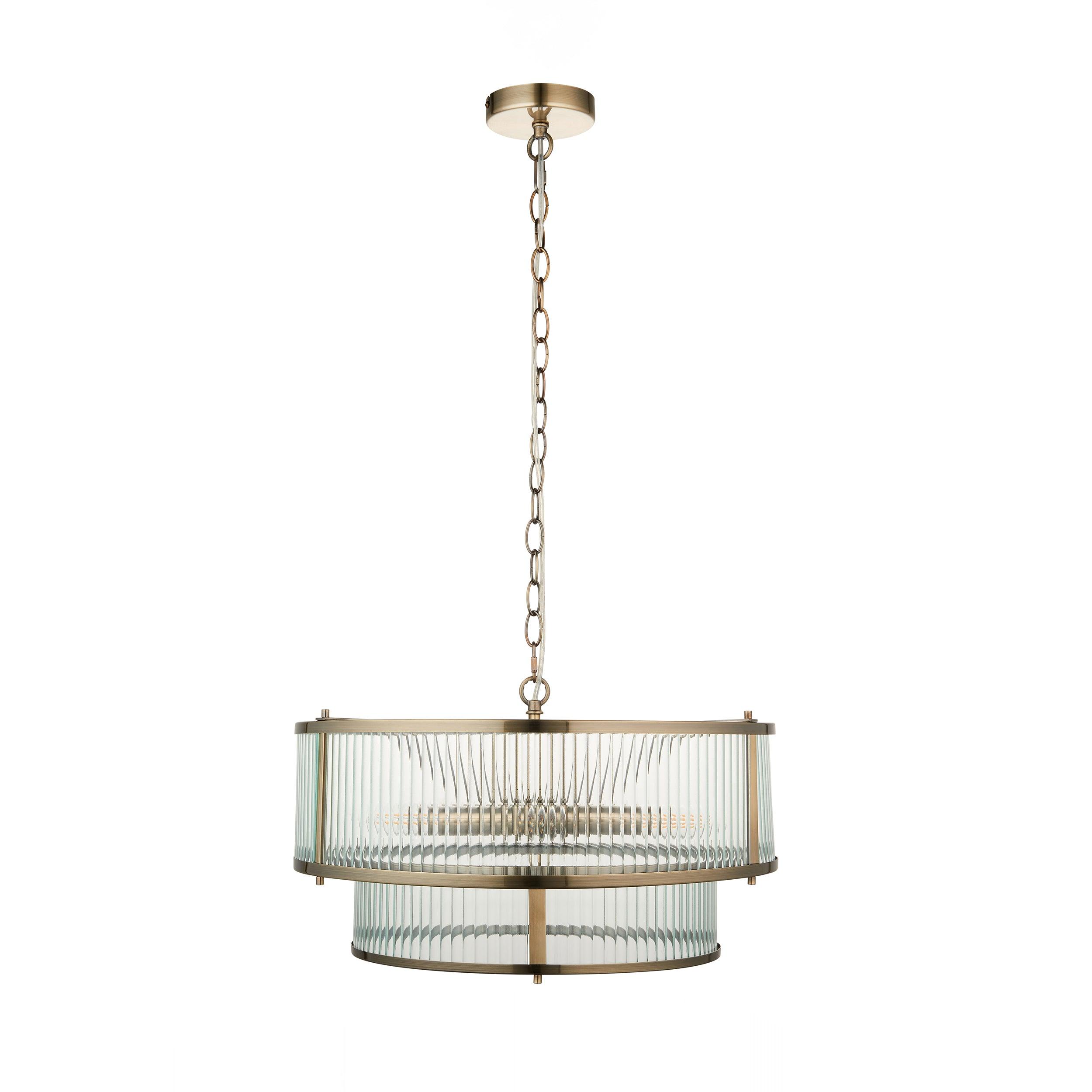 Ridgeton 5 Light Antique Brass & Ribbed Shade Glass Pendant-OPEN-BOX-040626