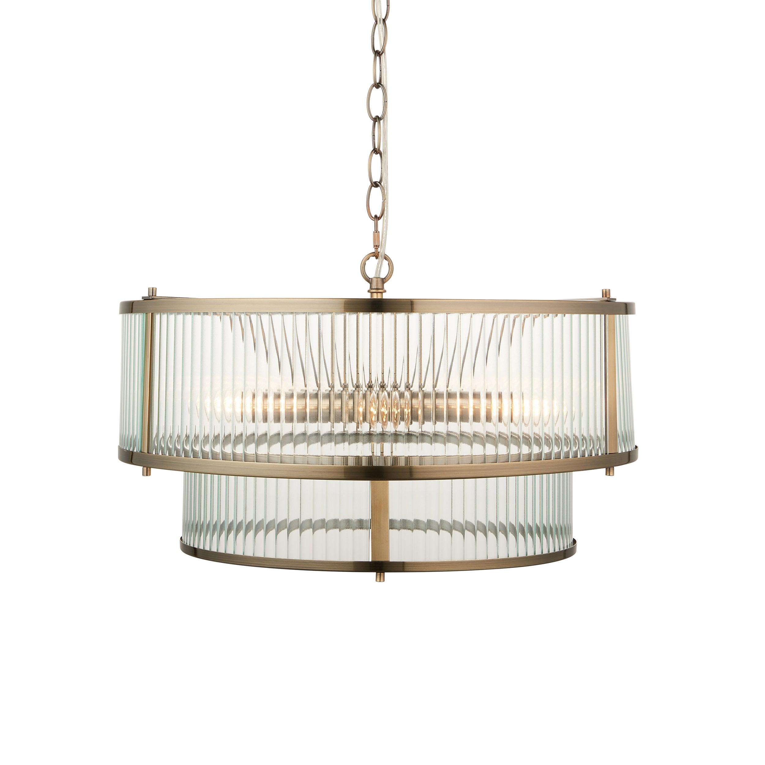 Ridgeton 5 Light Antique Brass & Ribbed Shade Glass Pendant-OPEN-BOX-040626