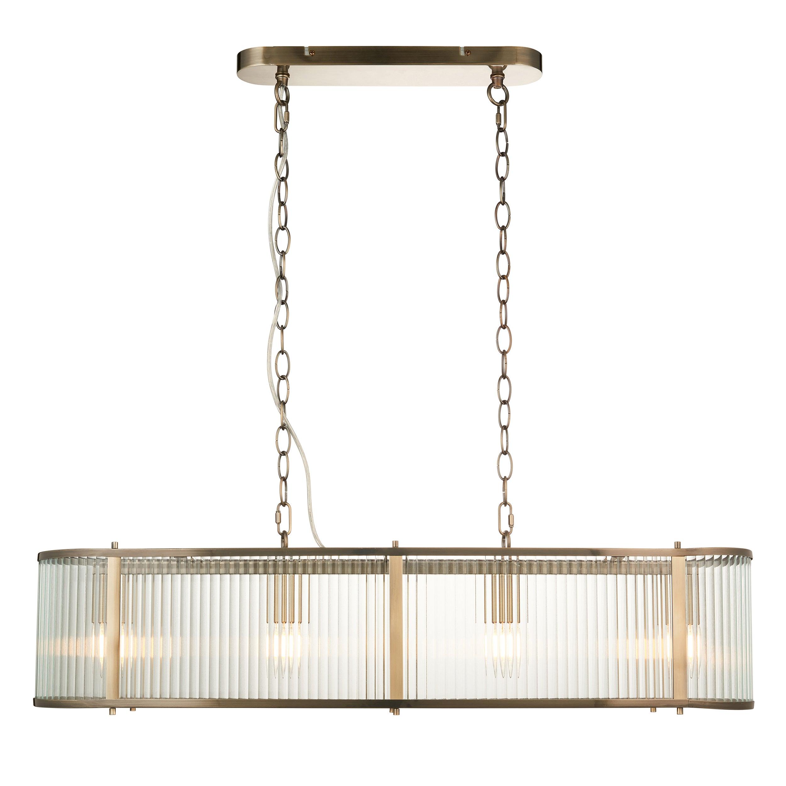 ridgeton 4 light brass ribbed shade glass linear pendant by Endon Lighting Living room close up image