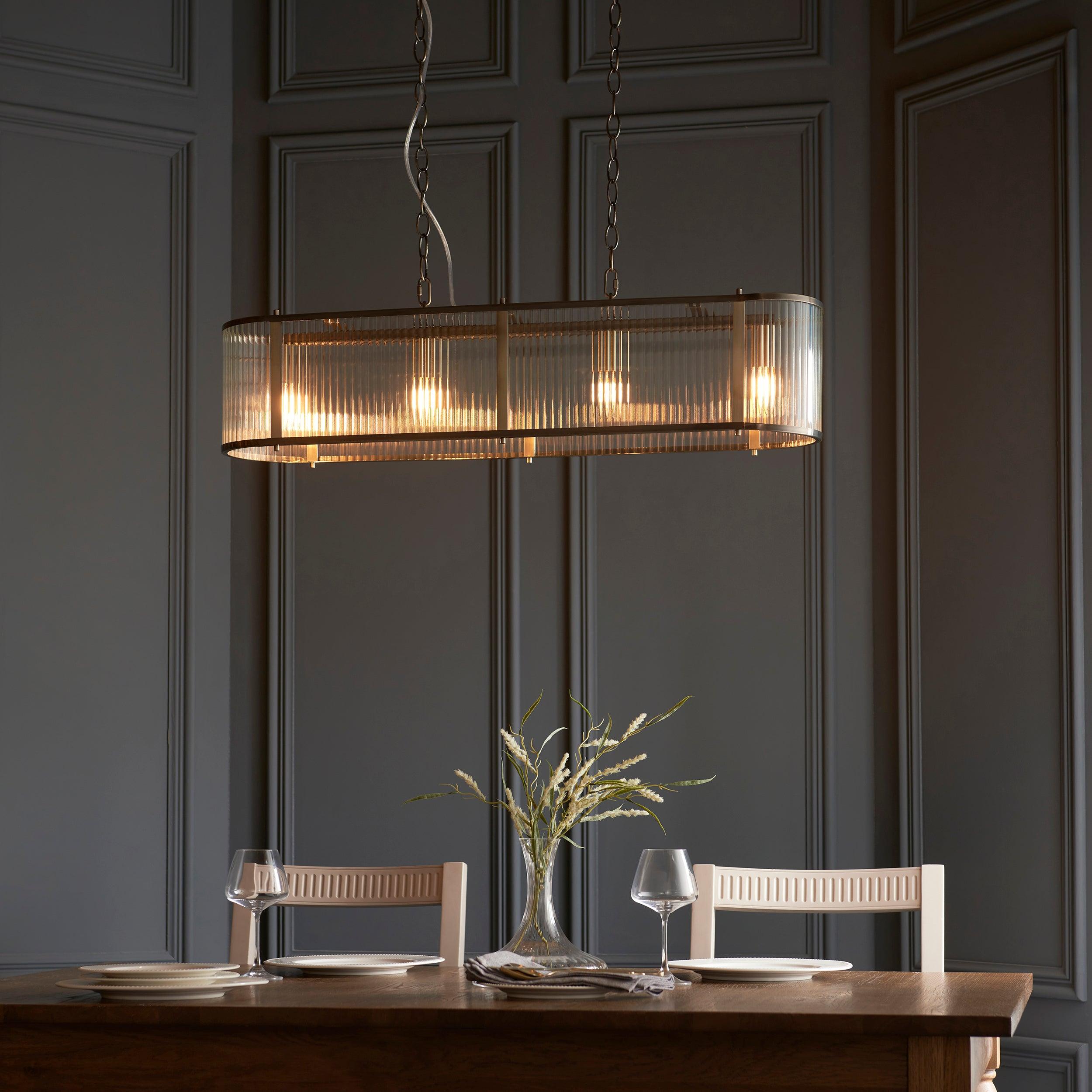 ridgeton 4 light brass ribbed shade glass linear pendant by Endon Lighting Living room image