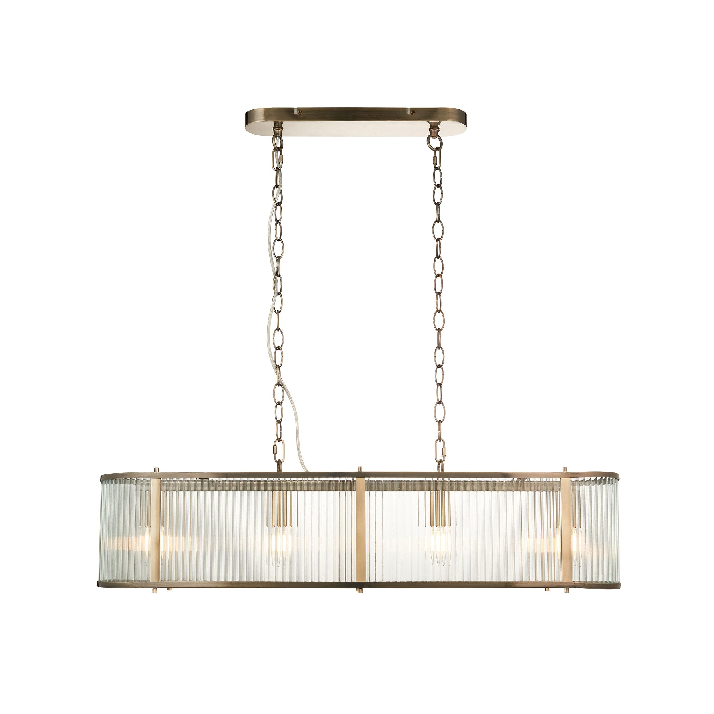 ridgeton 4 light brass ribbed shade glass linear pendant by Endon Lighting Bedroom Close Up Image