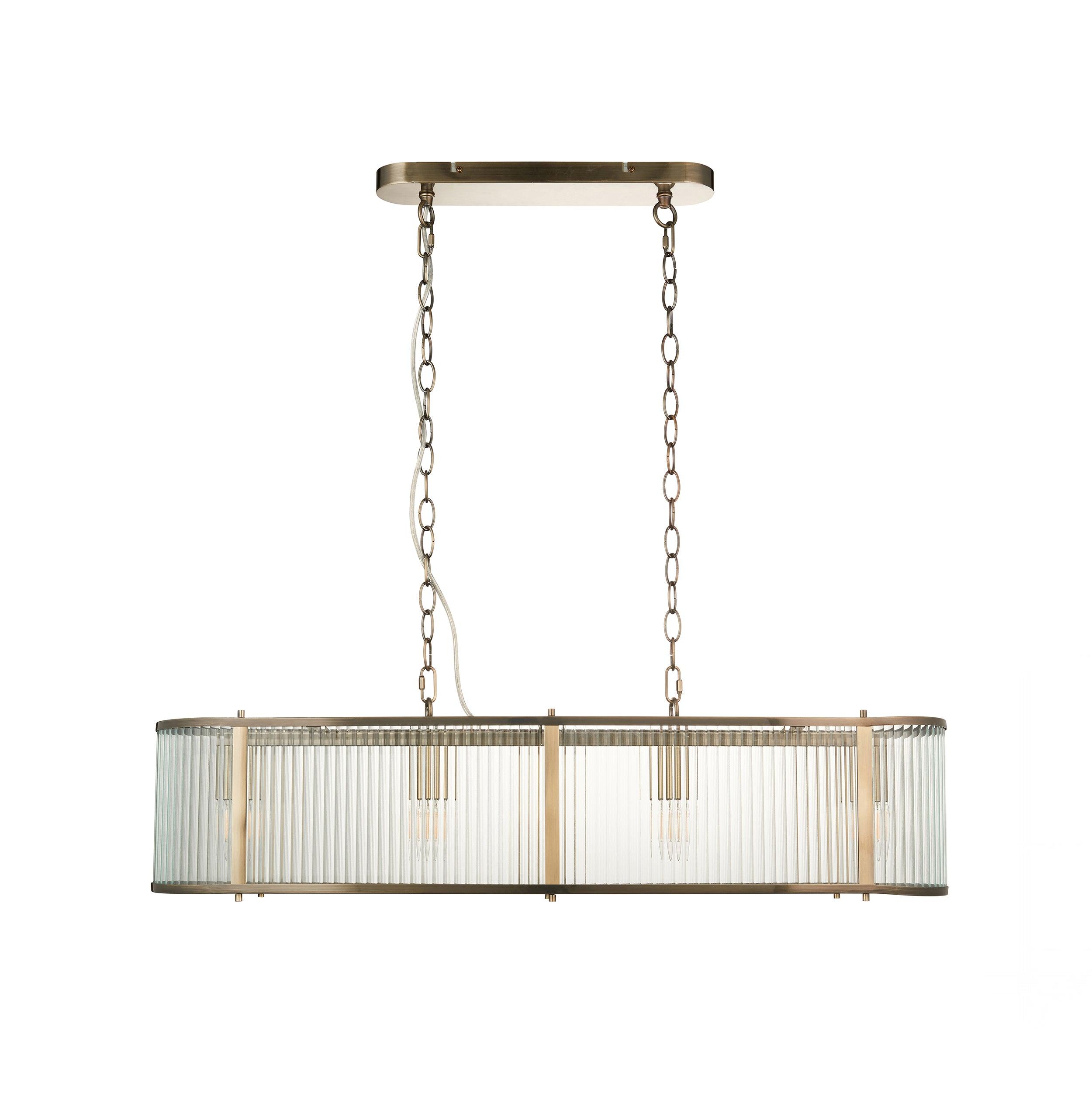 ridgeton 4 light brass ribbed shade glass linear pendant by Endon Lighting Hallway lights Close Up