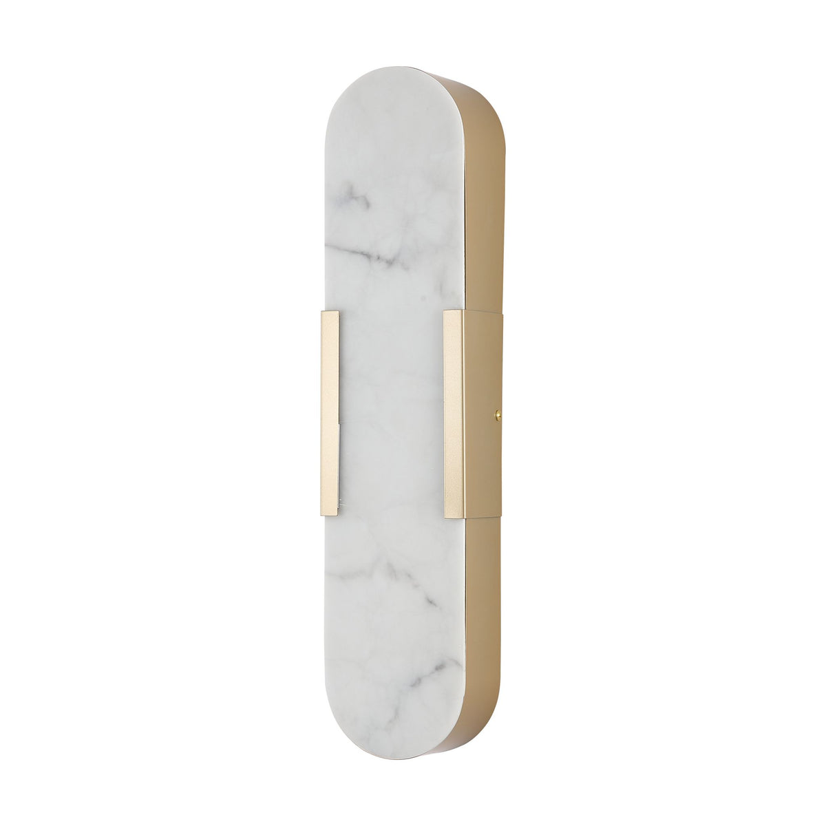 Opaline matt gold wall light unlit on white, elongated marbled resin oval on a gold backplate