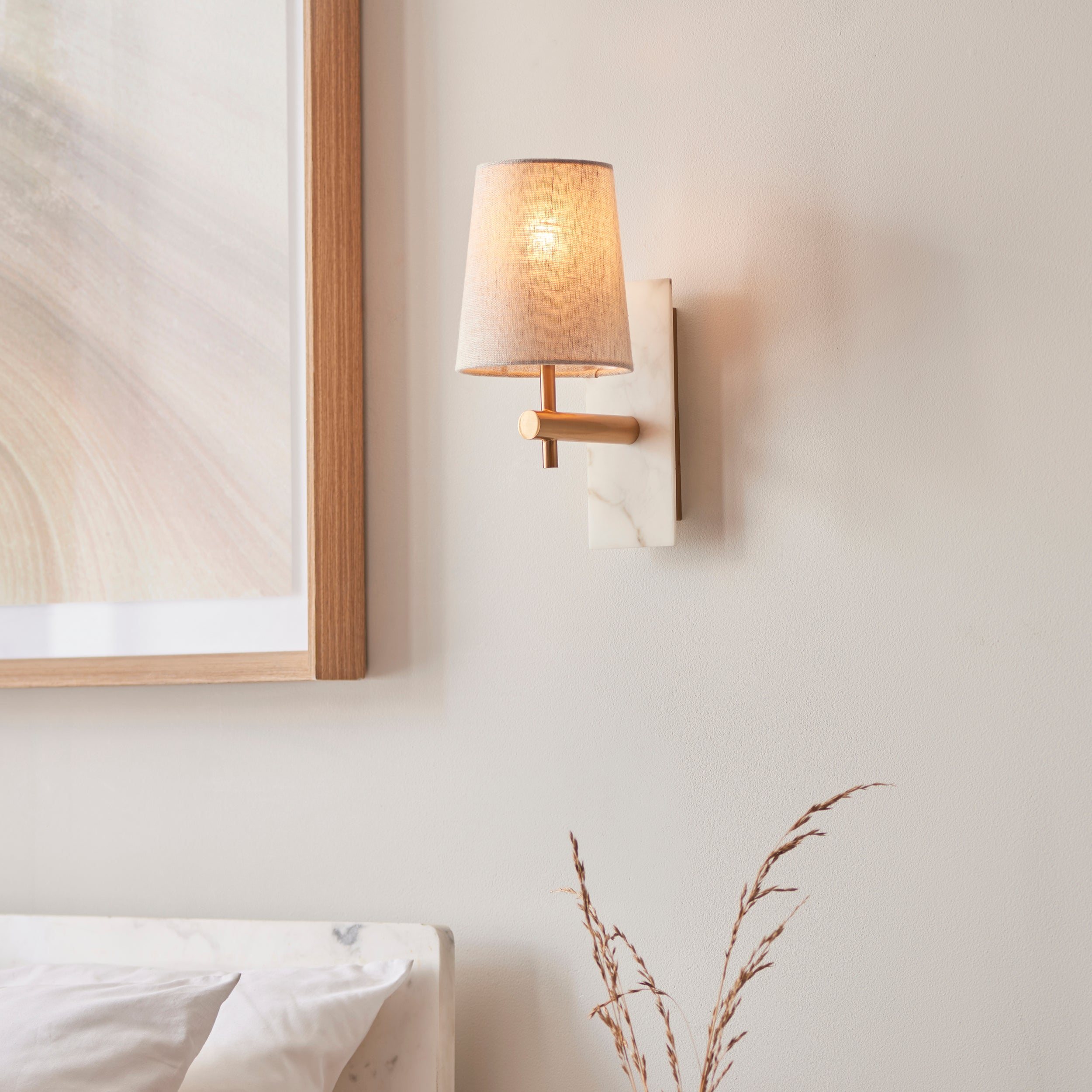 Living Lights Brass & White Marble Wall Light - Tapered Linen Shade