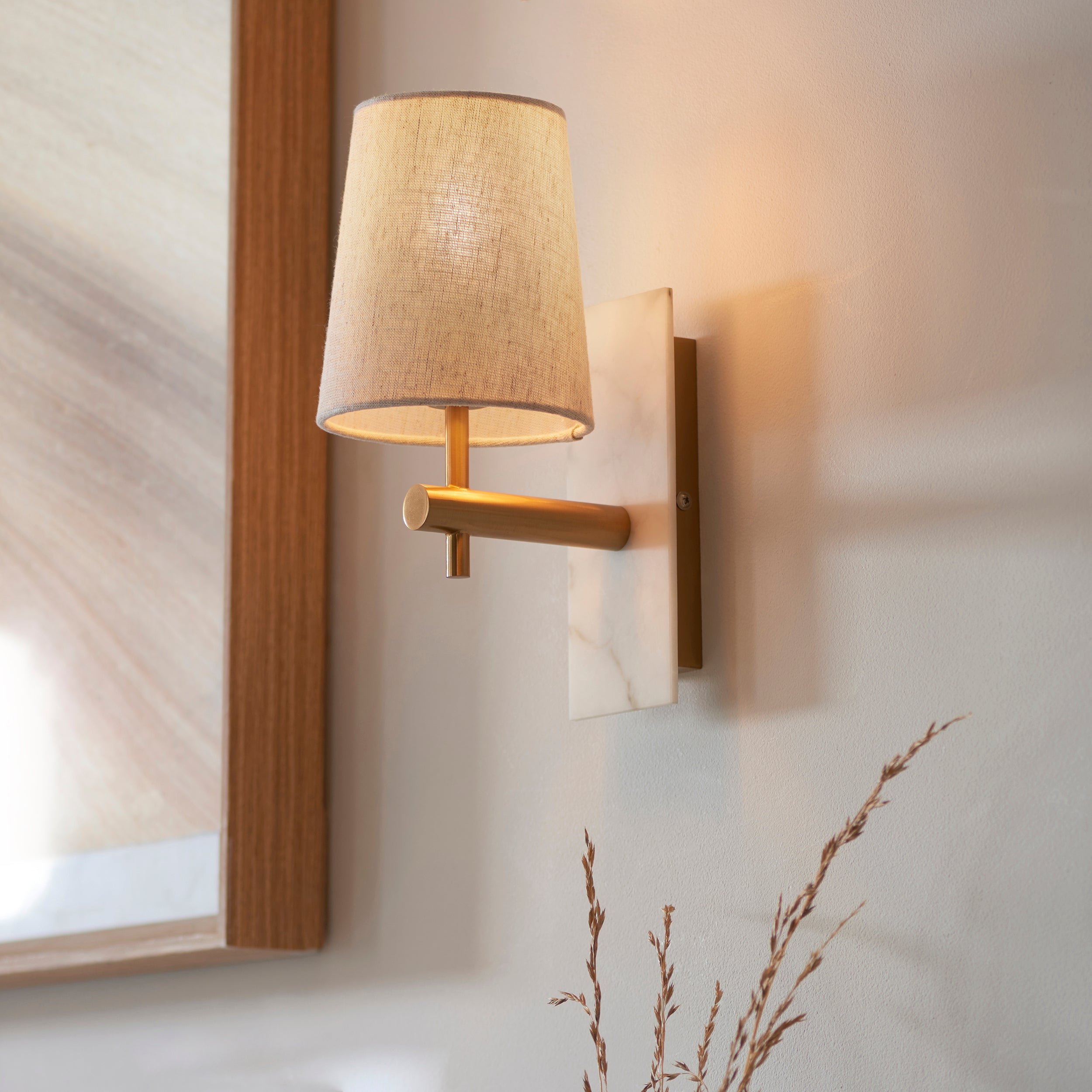 Living Lights Brass & White Marble Wall Light - Tapered Linen Shade