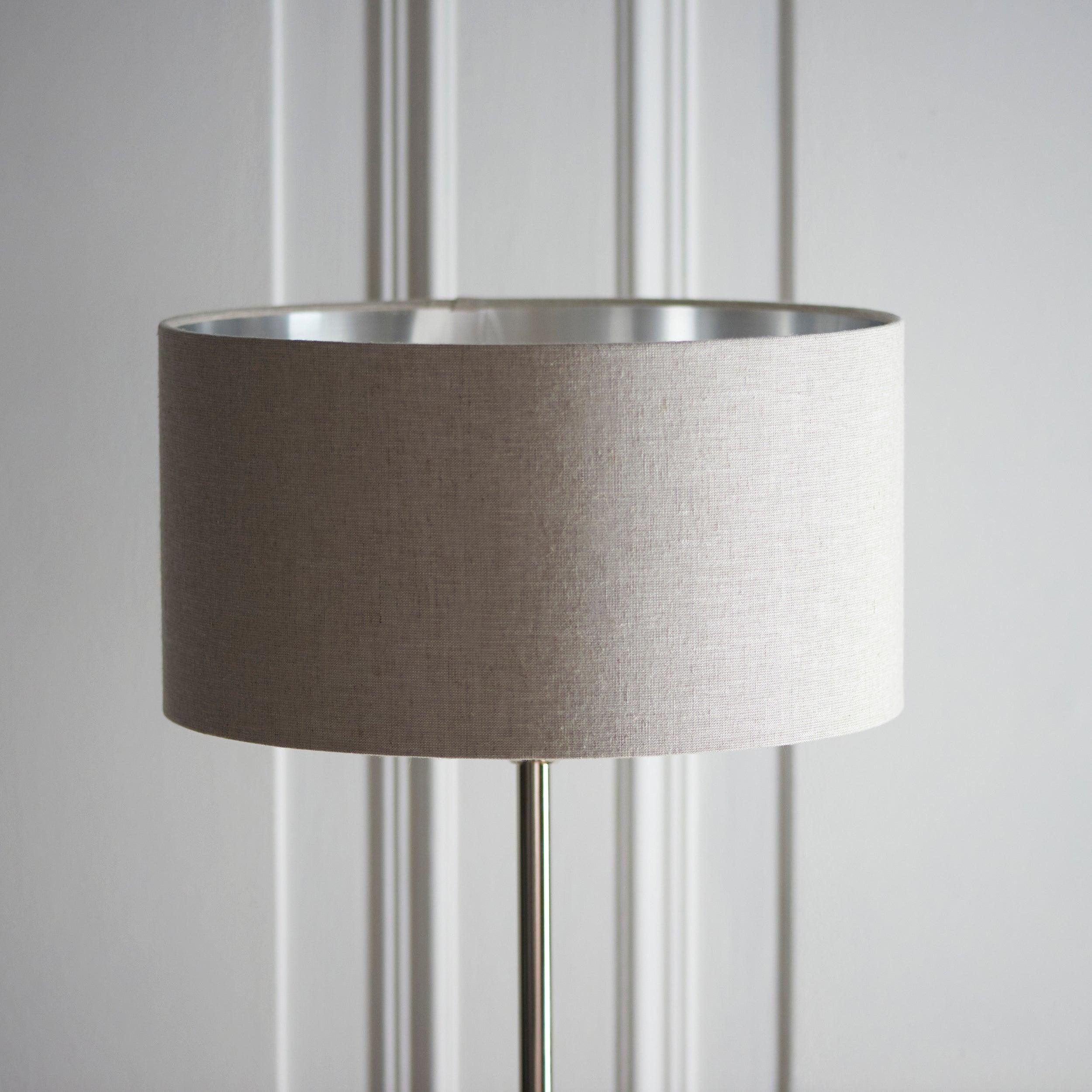 Highclere Brushed Chrome 1 Light Floor Lamp Natural Linen Shade