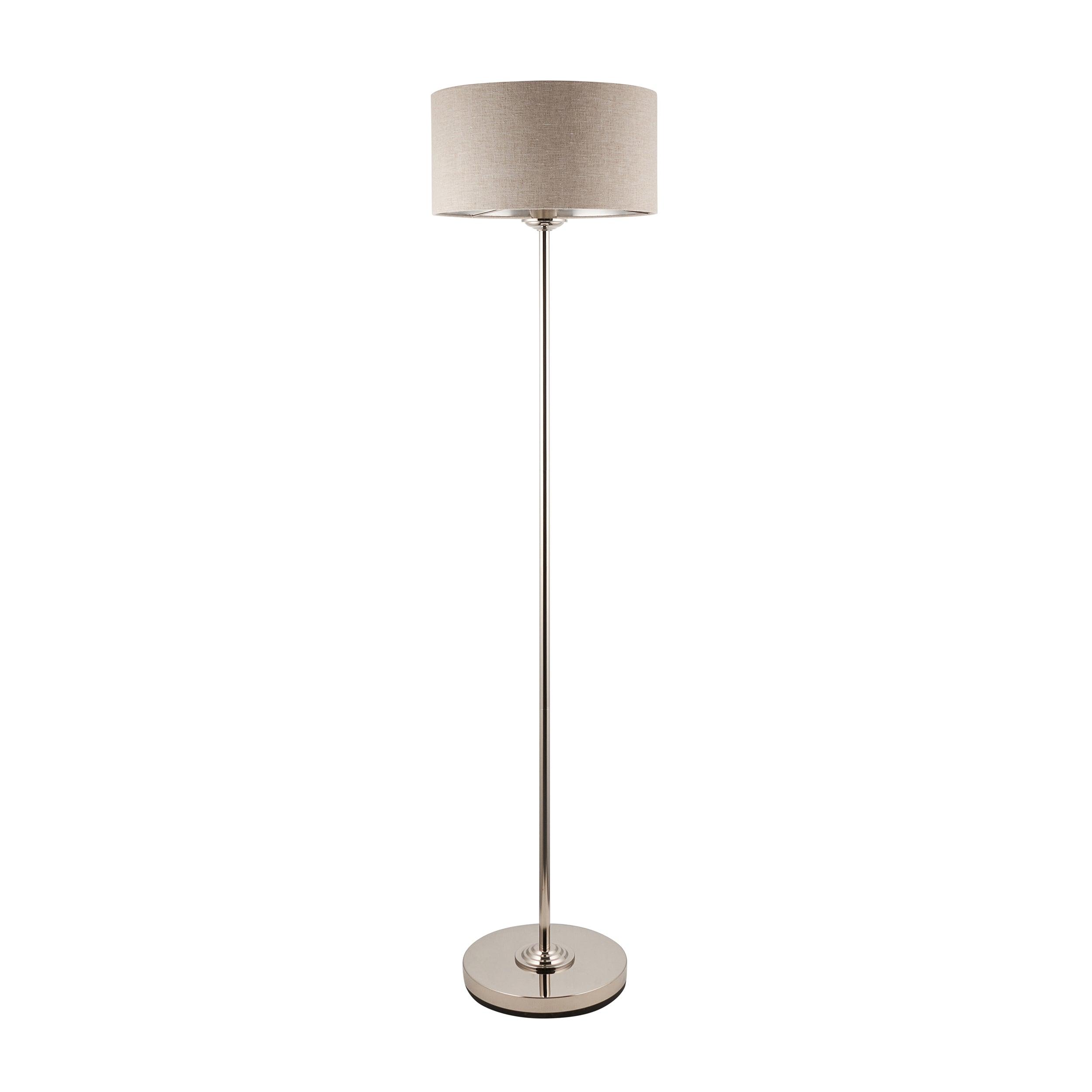Highclere Brushed Chrome 1 Light Floor Lamp Natural Linen Shade