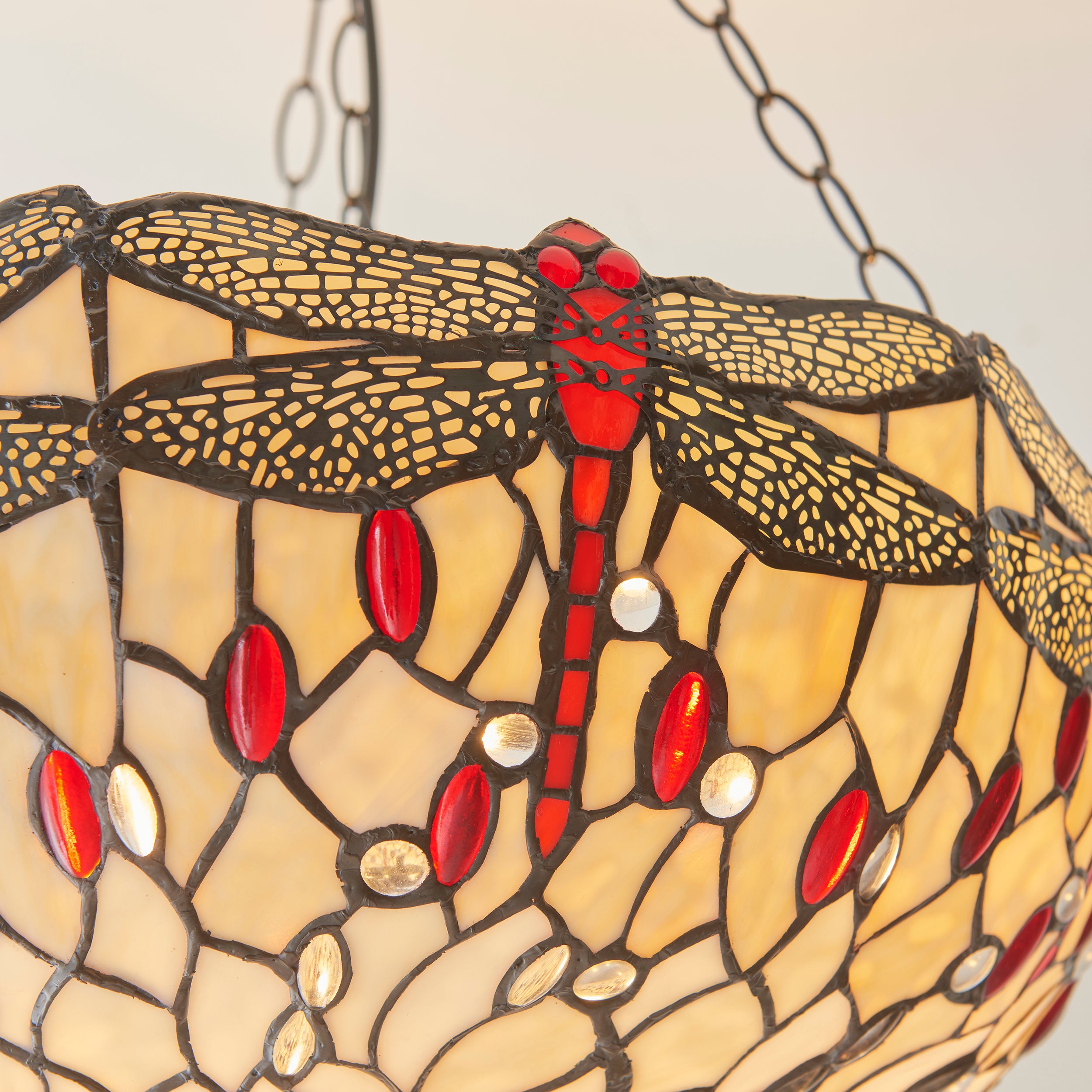 Beige Dragonfly 50cm Inverted Tiffany Ceiling Light - Adj Chain