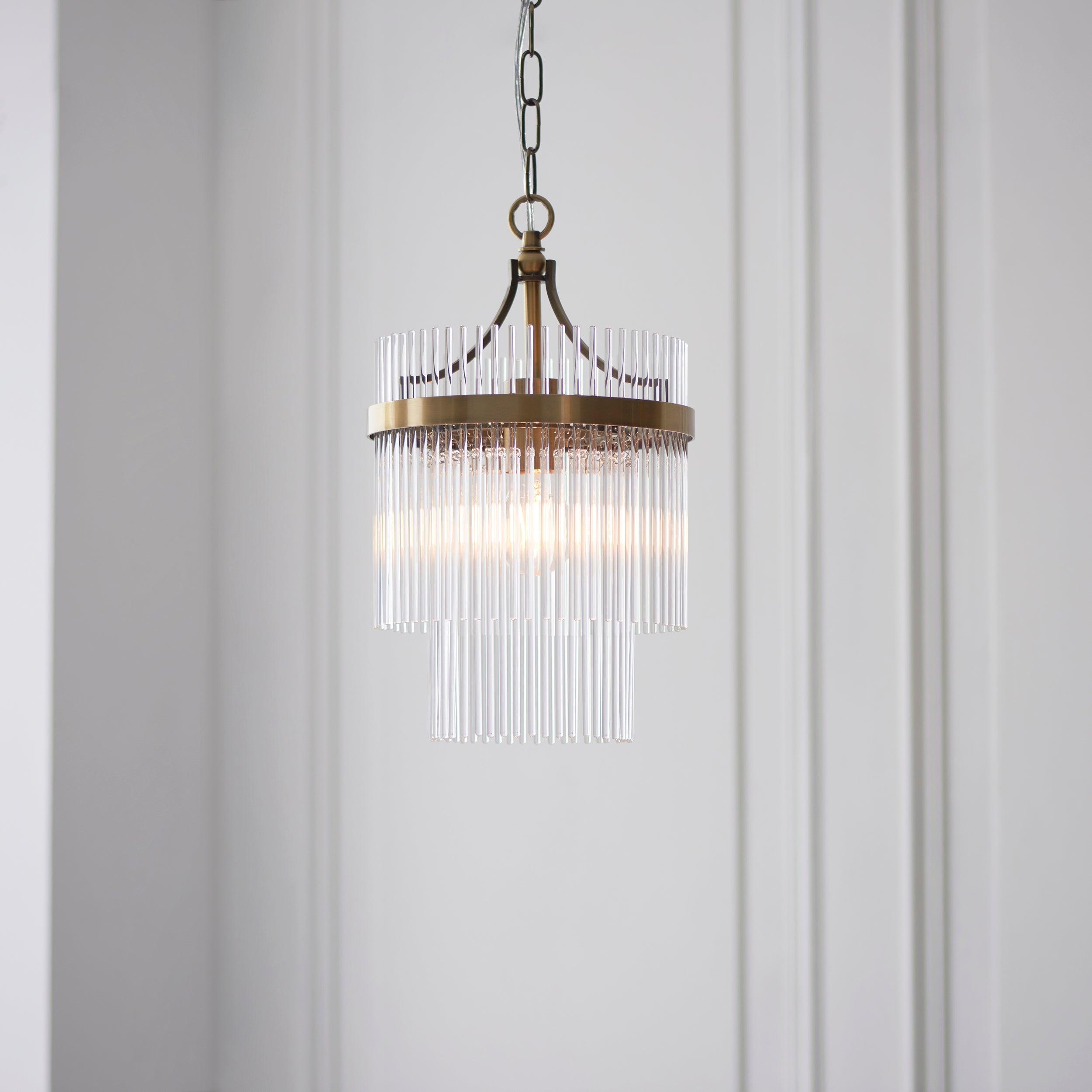 marietta brass 1 light small ceiling pendant glass rods by Endon Lighting Living Room Close Up 28