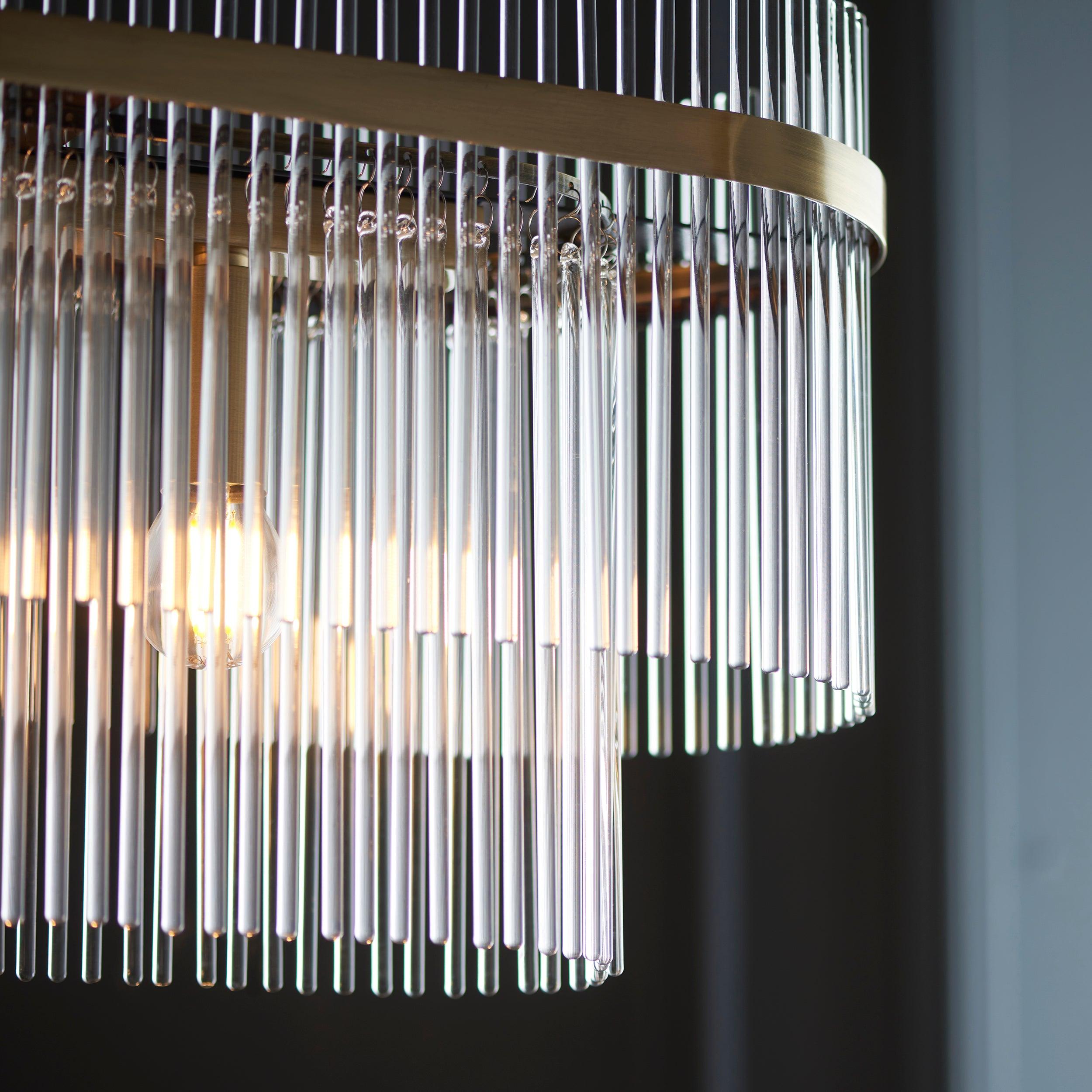 marietta brass 4 light linear ceiling pendant glass rods by Endon Lighting Bedroom Hero Shot