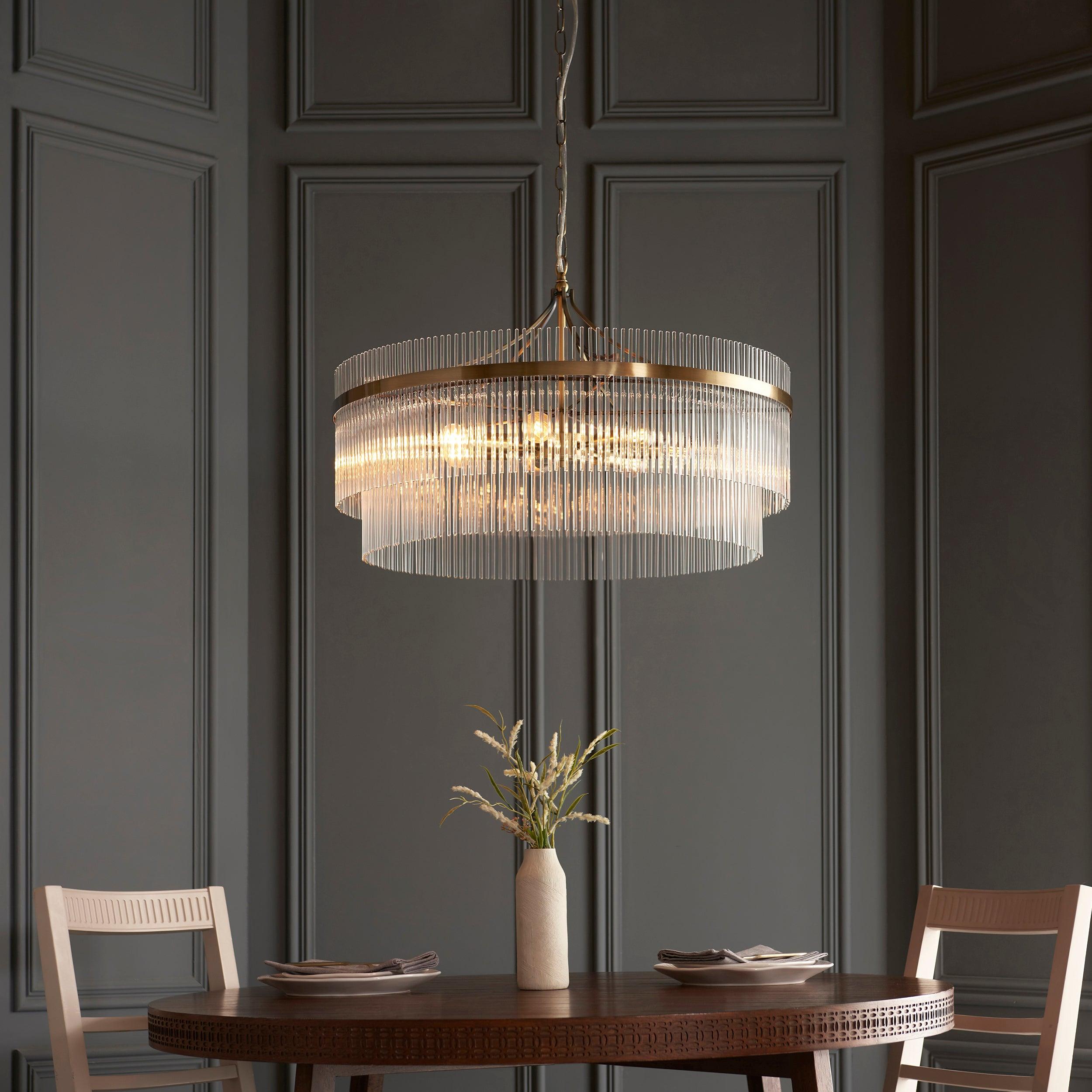 marietta brass 7 light grand ceiling pendant glass rods by Endon Lighting Living room image