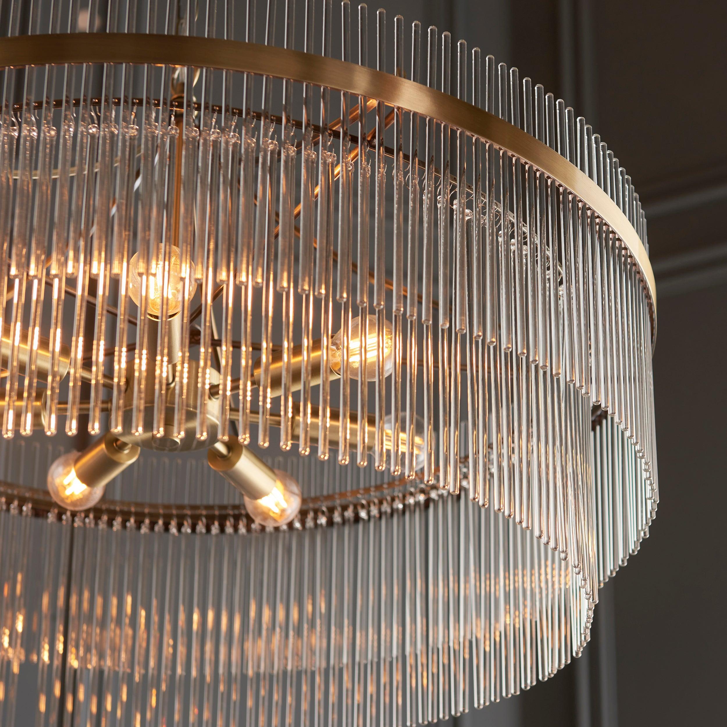 marietta brass 7 light grand ceiling pendant glass rods by Endon Lighting Living Room Unlit Shot