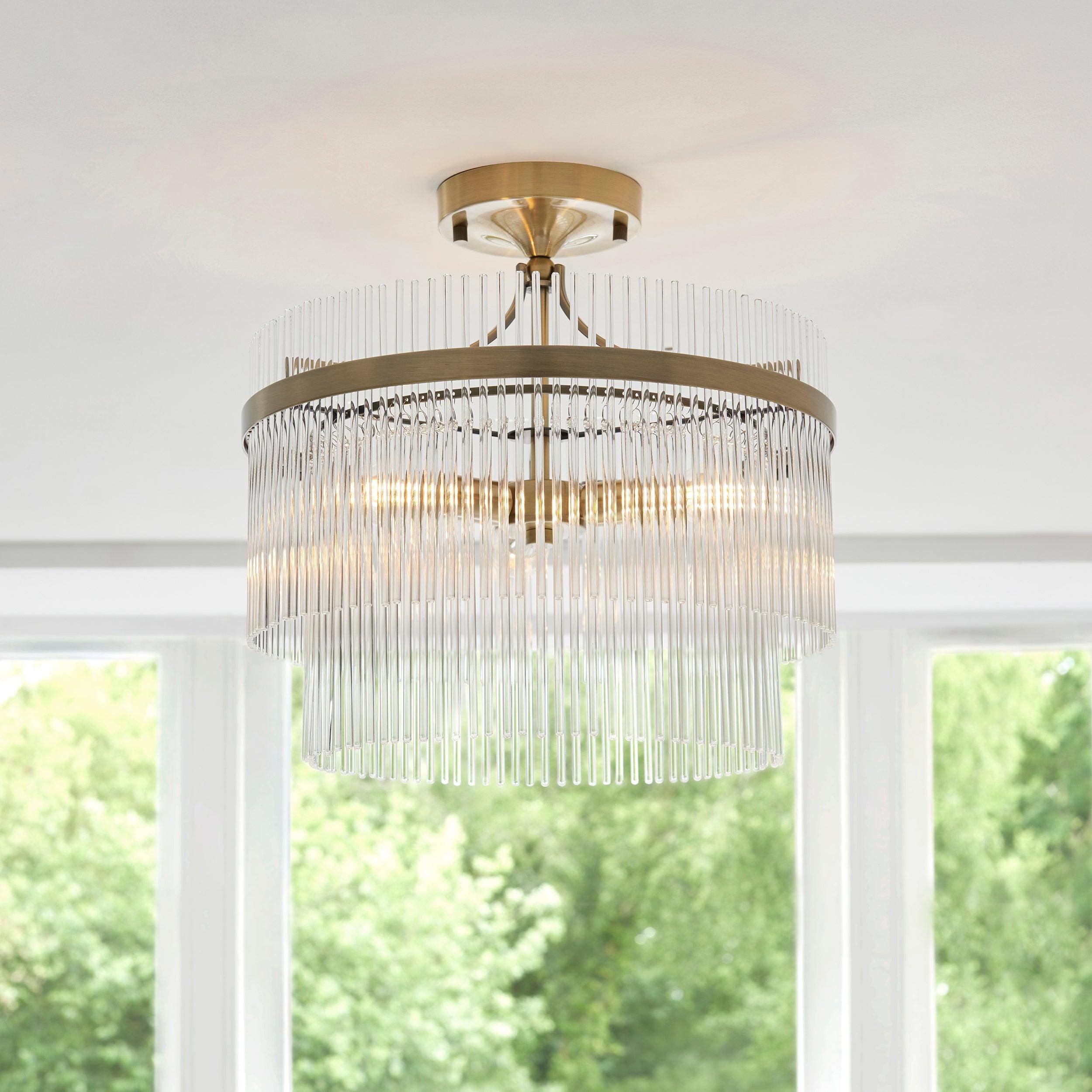 Marietta Brass 3 Light Semi Flush - Glass Rods-OPEN-BOX-020426