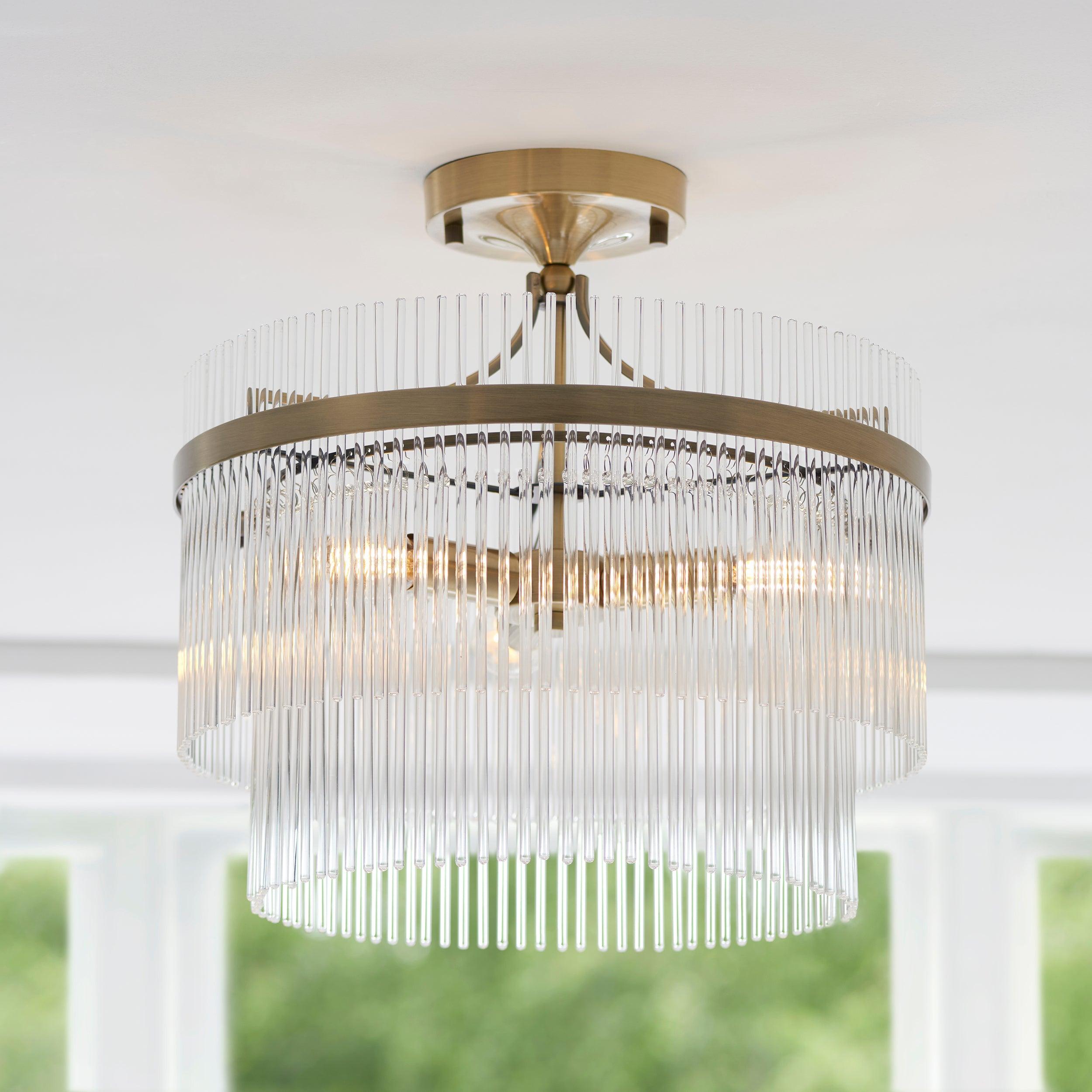 marietta brass 3 light semi flush glass rods by Endon Lighting Living room close up image