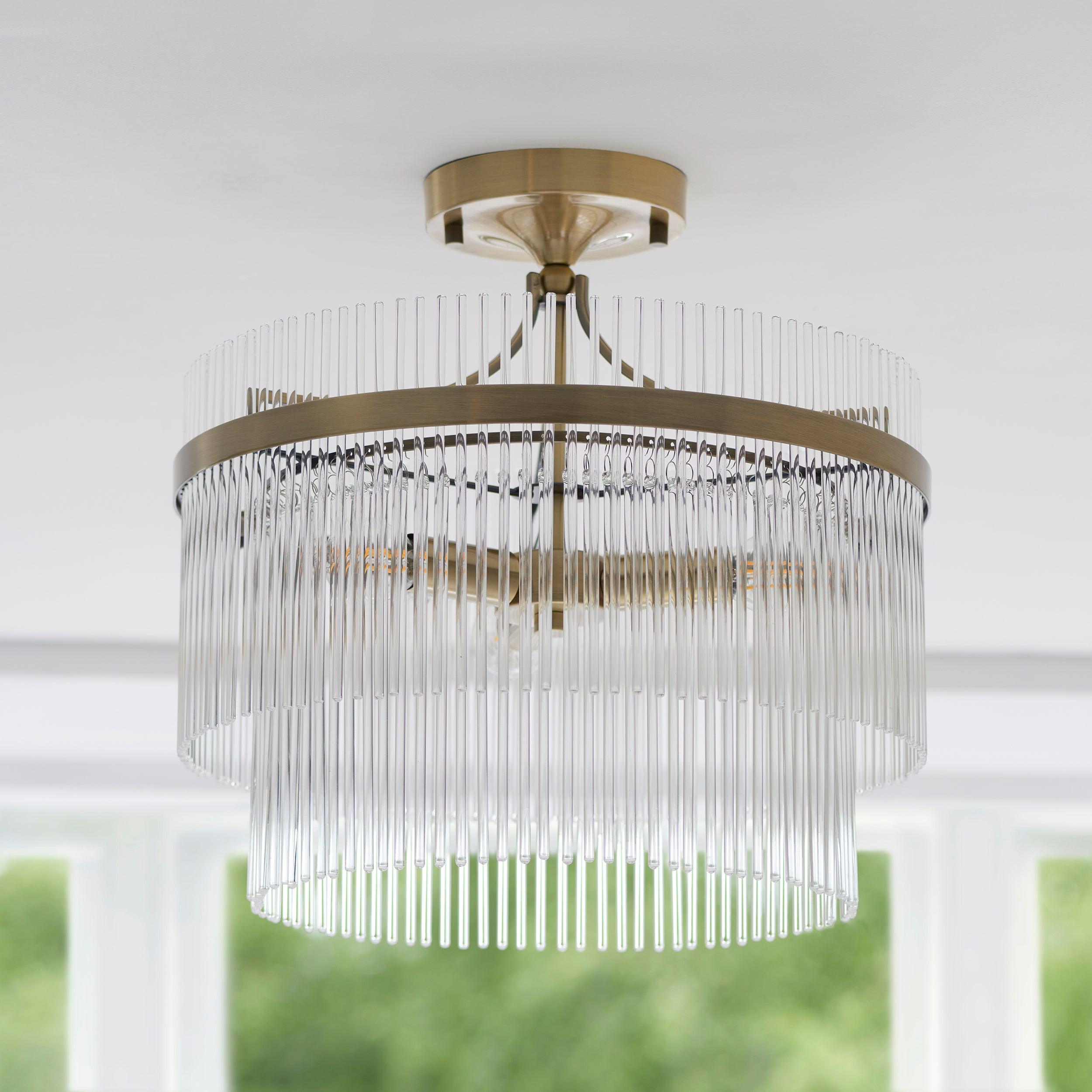 Marietta Brass 3 Light Semi Flush - Glass Rods-OPEN-BOX-020426