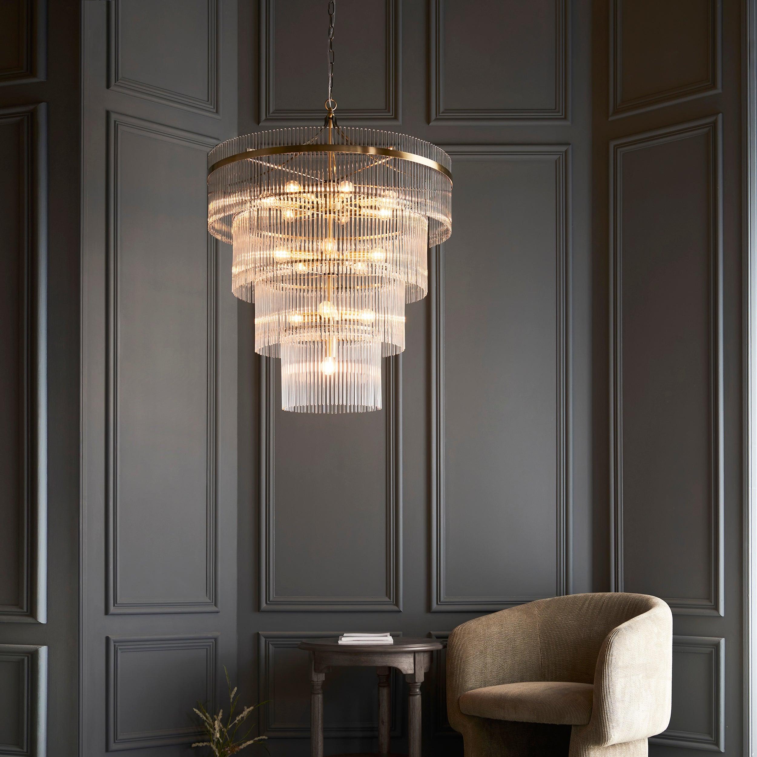 marietta brass 16 light tiered ceiling pendant glass rods by Endon Lighting Living Room Unlit Shot