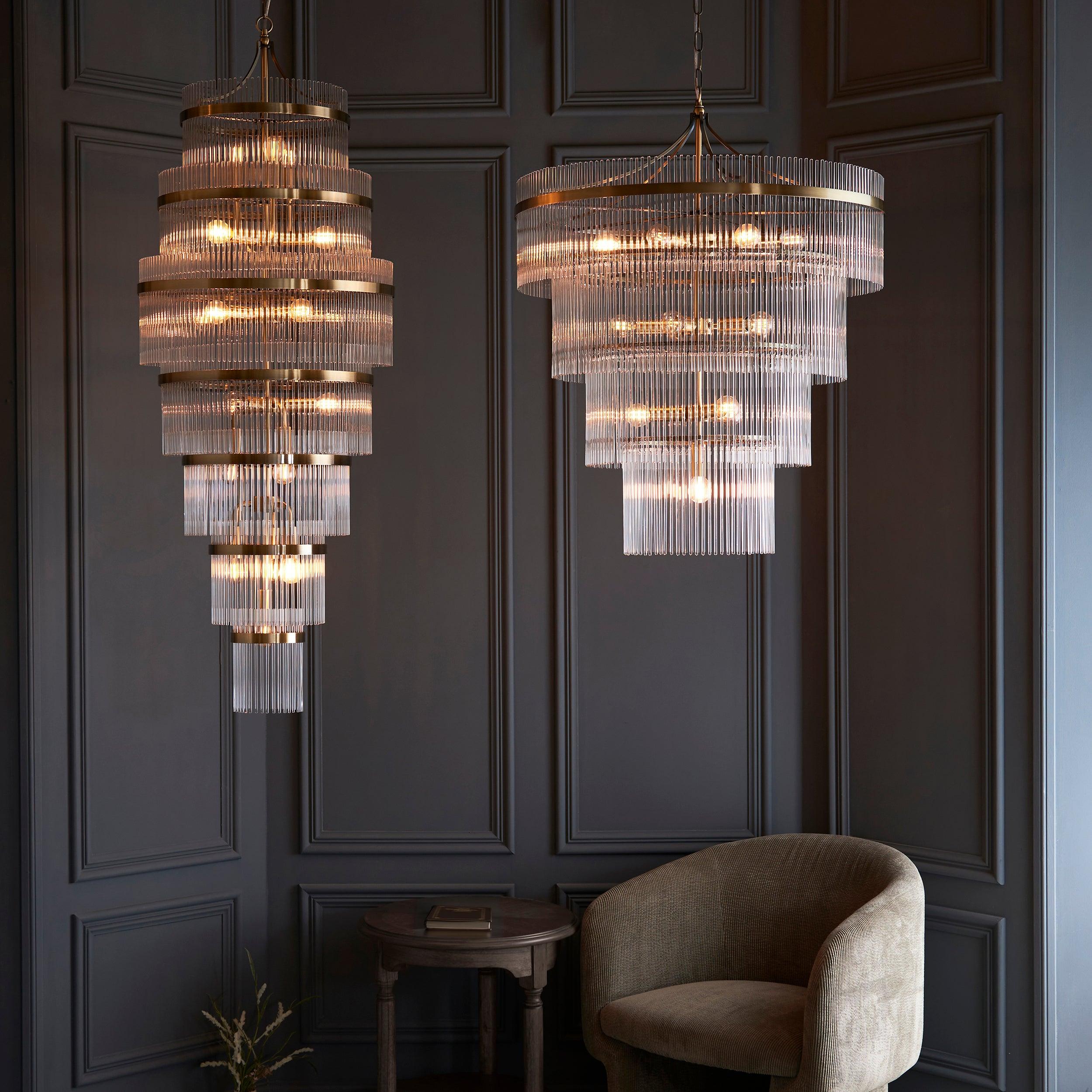 marietta brass 16 light tiered ceiling pendant glass rods by Endon Lighting Hallway lights Close Up