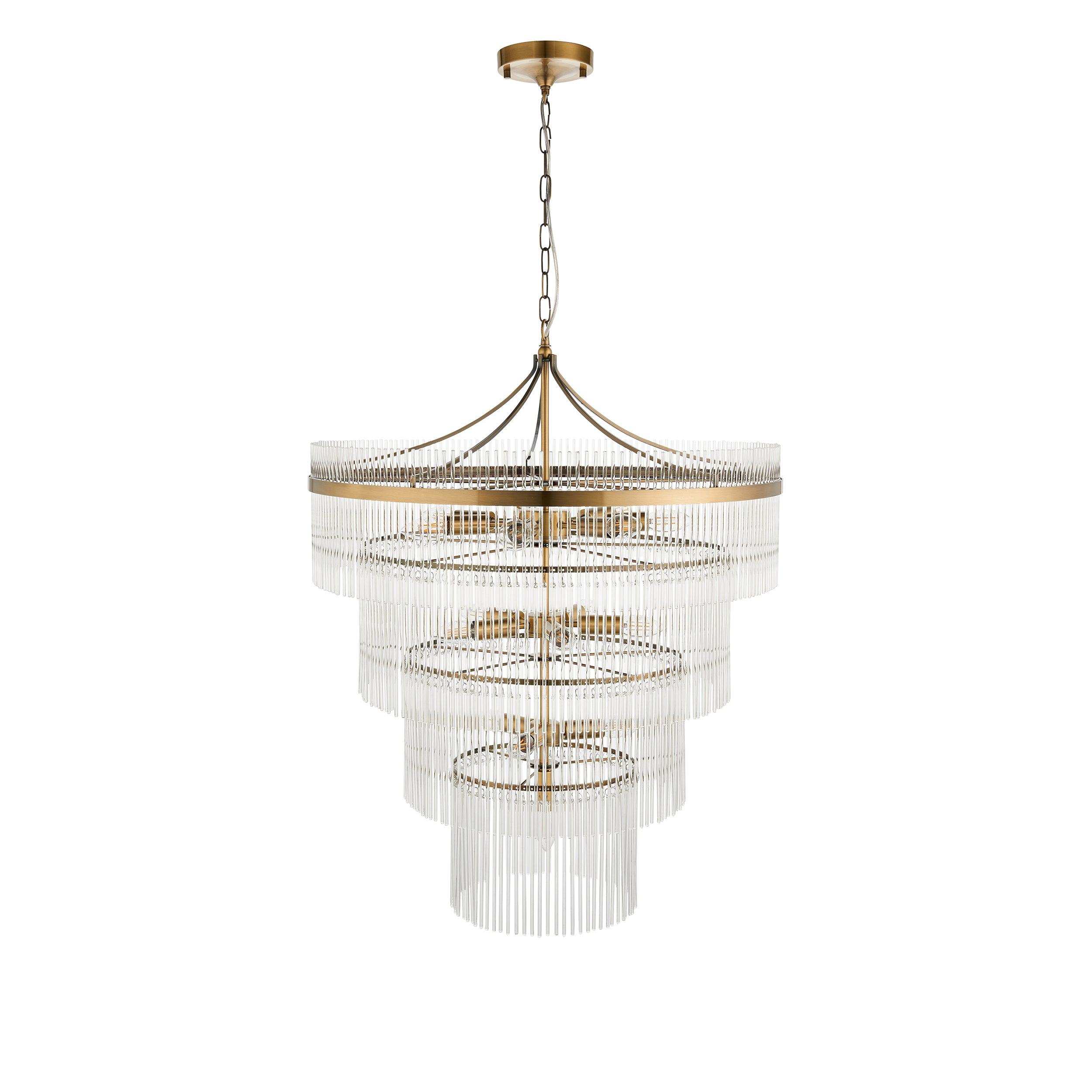 marietta brass 16 light tiered ceiling pendant glass rods by Endon Lighting Living Room Close Up 15