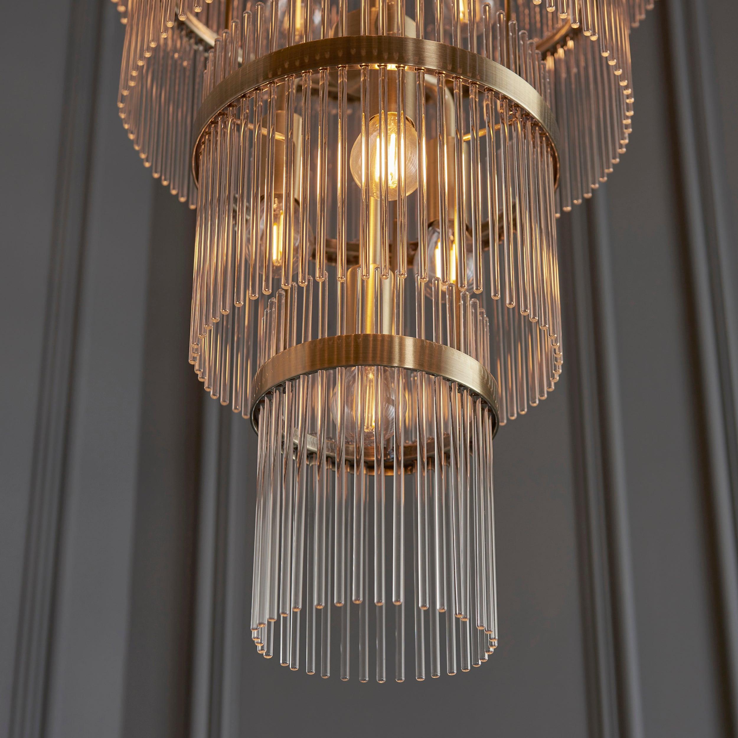 marietta brass grand 21 light ceiling pendant glass rods by Endon Lighting Living Room Close Up 13