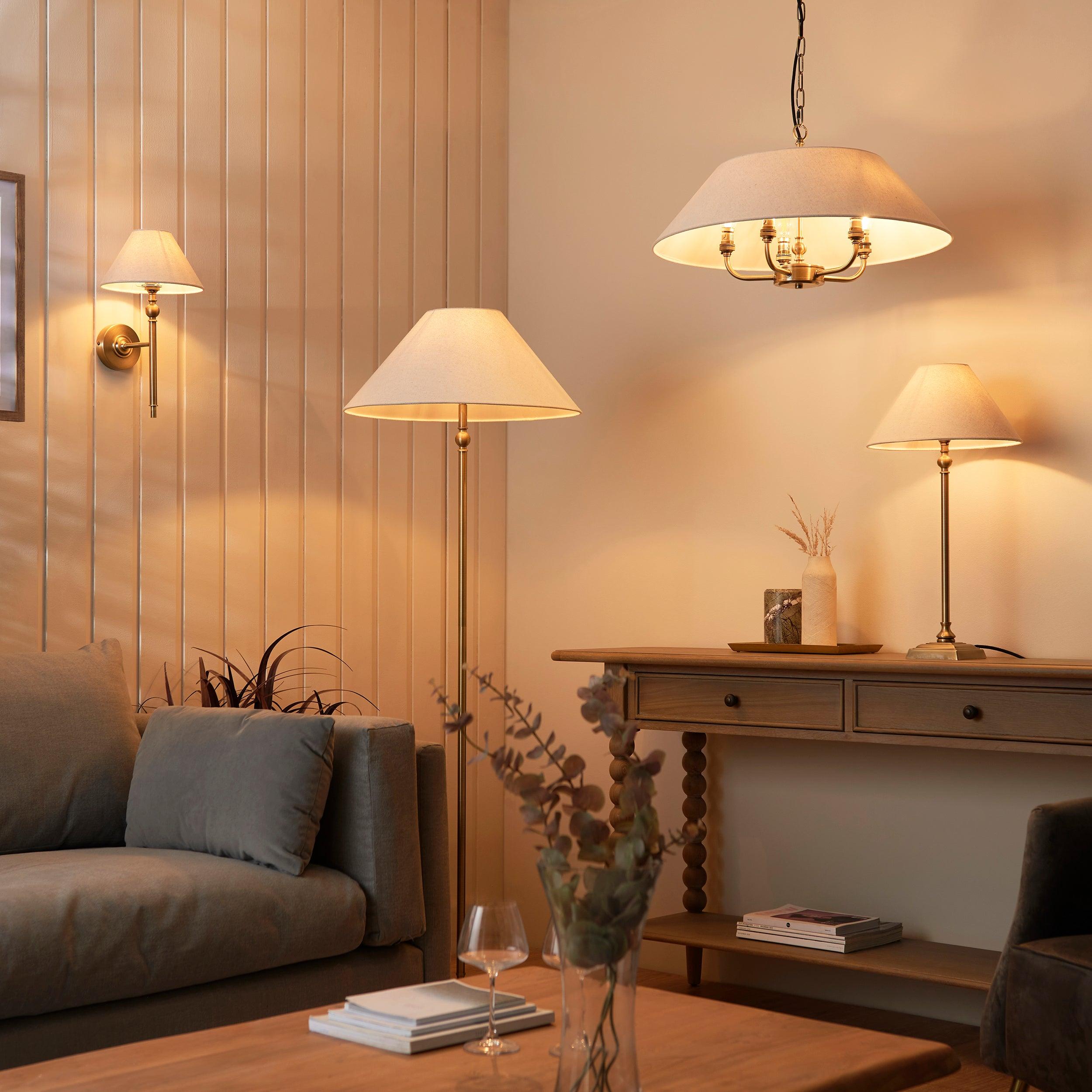 Endon Lille Antique Brass 5 Light Pendant - Linen Shade