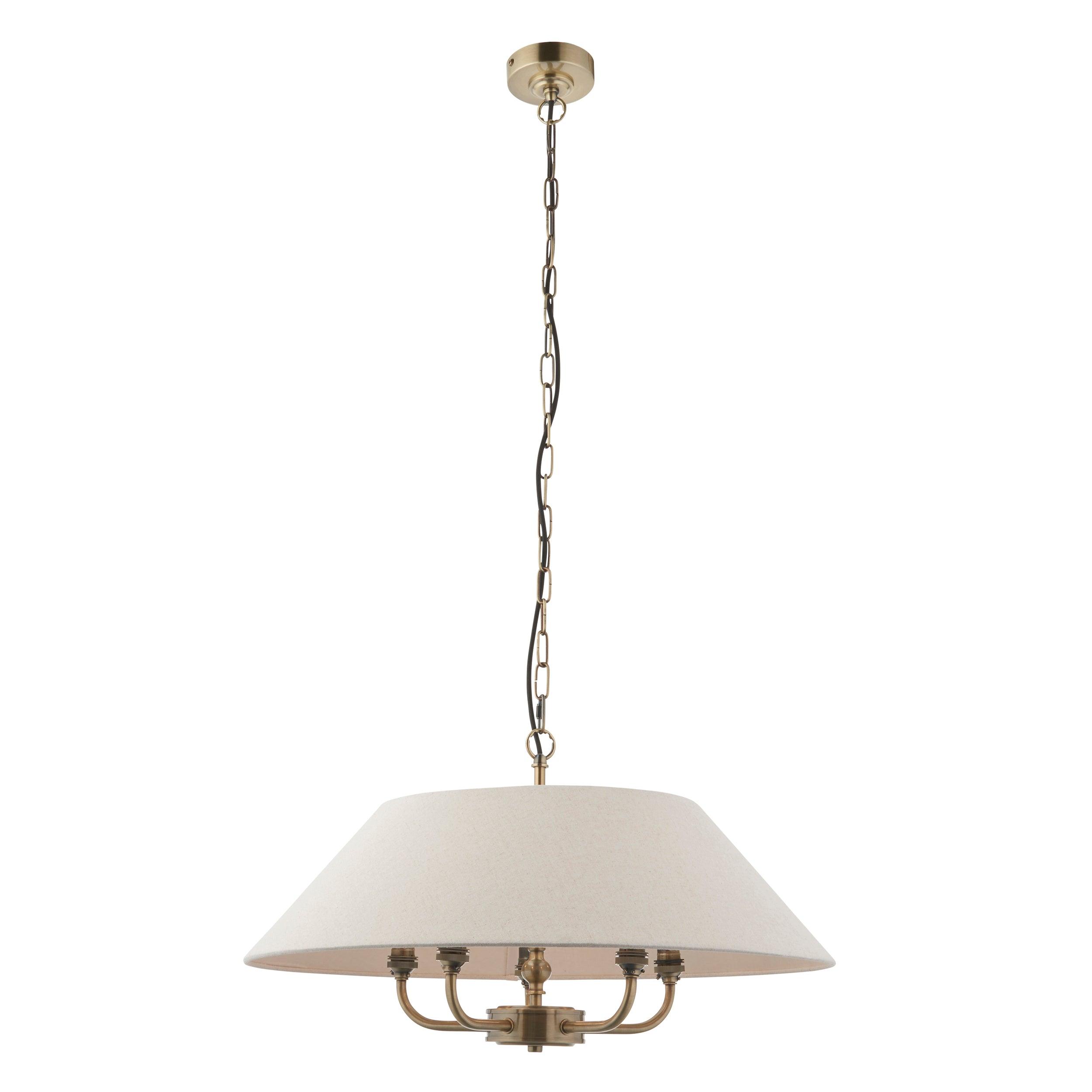 Endon Lille Antique Brass 5 Light Pendant - Linen Shade