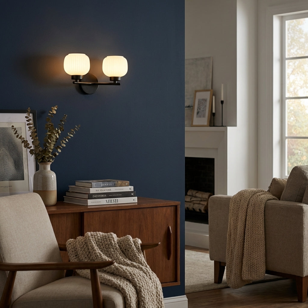 Hadden 2 Light Black Wall Light - Ribbed Opal Shades-warehouse-180926