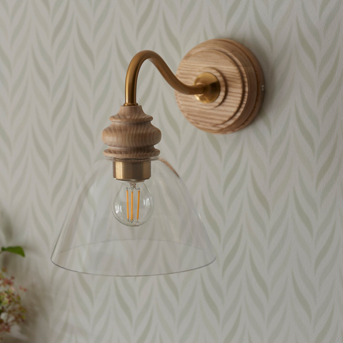 Cotswold Wood & Brass Wall Light with Glass Shade-warehouse-180926