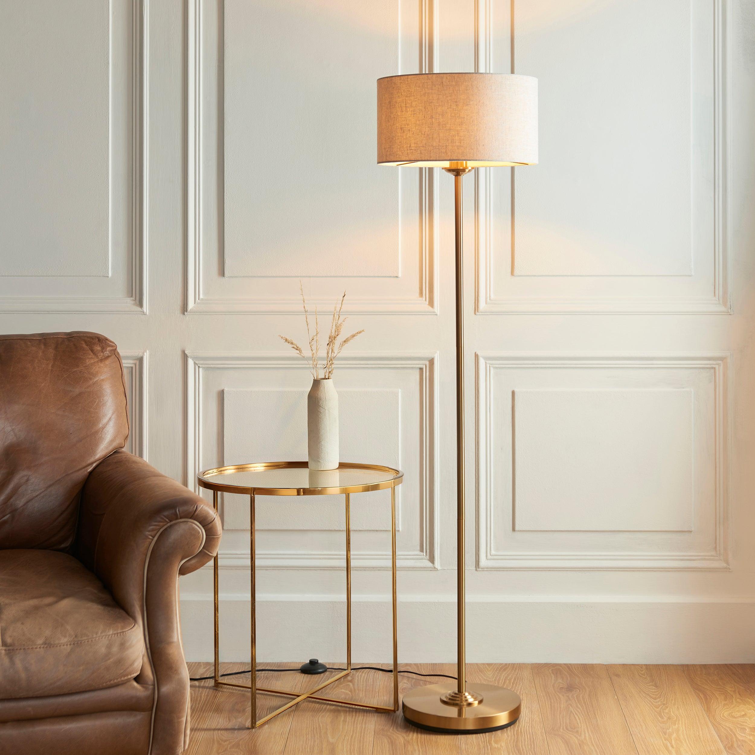 Highclere Vintage Brass 1 Light Floor Lamp Natural Shade