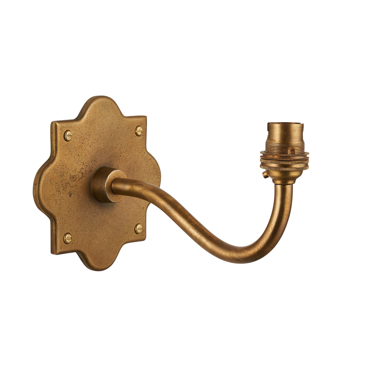 Anvil Curve antique brass wall light with scalloped square backplate and curved arm holding a bare bulb holder