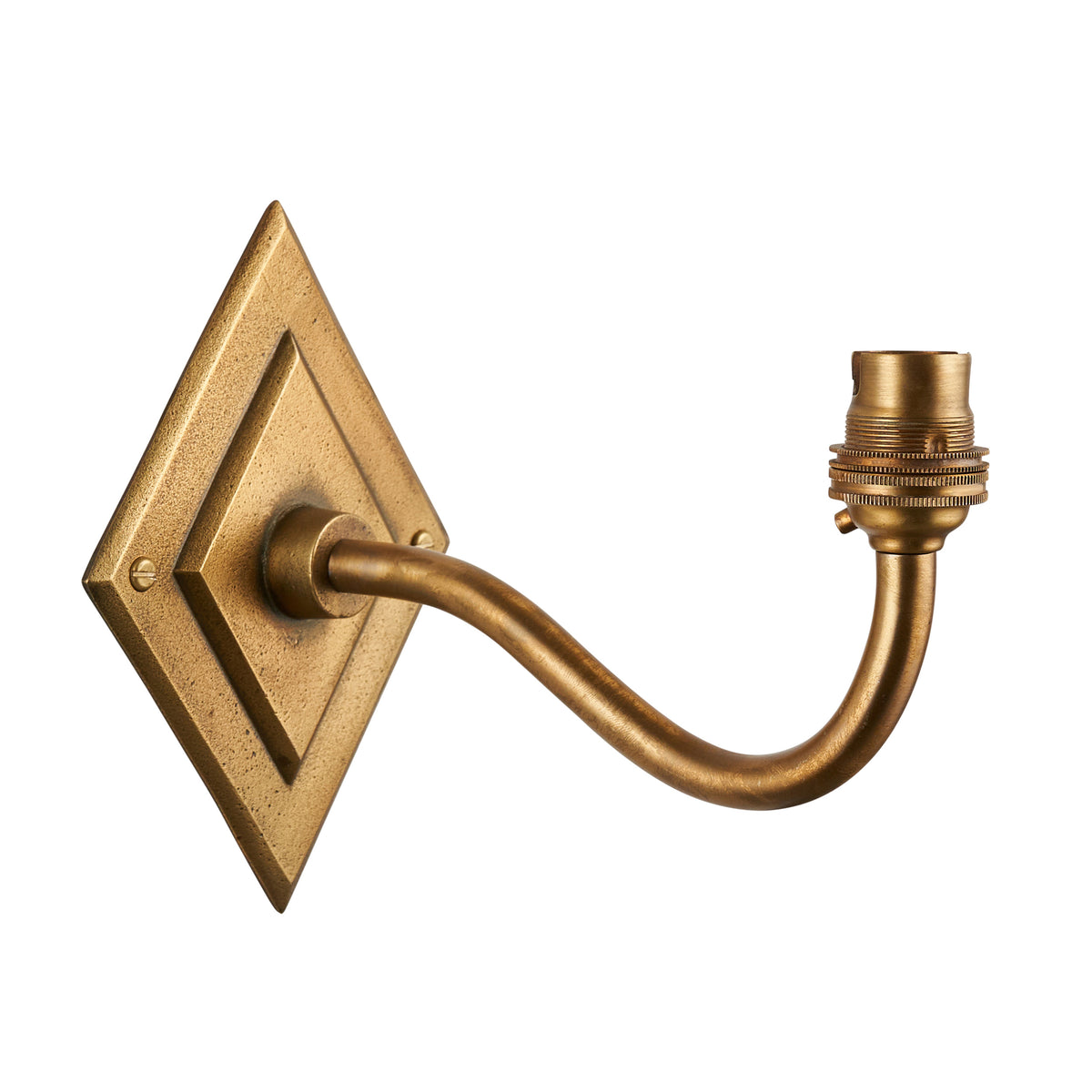 Diamond Curve antique brass wall light with diamond backplate and swan-neck arm holding a brass bulb holder