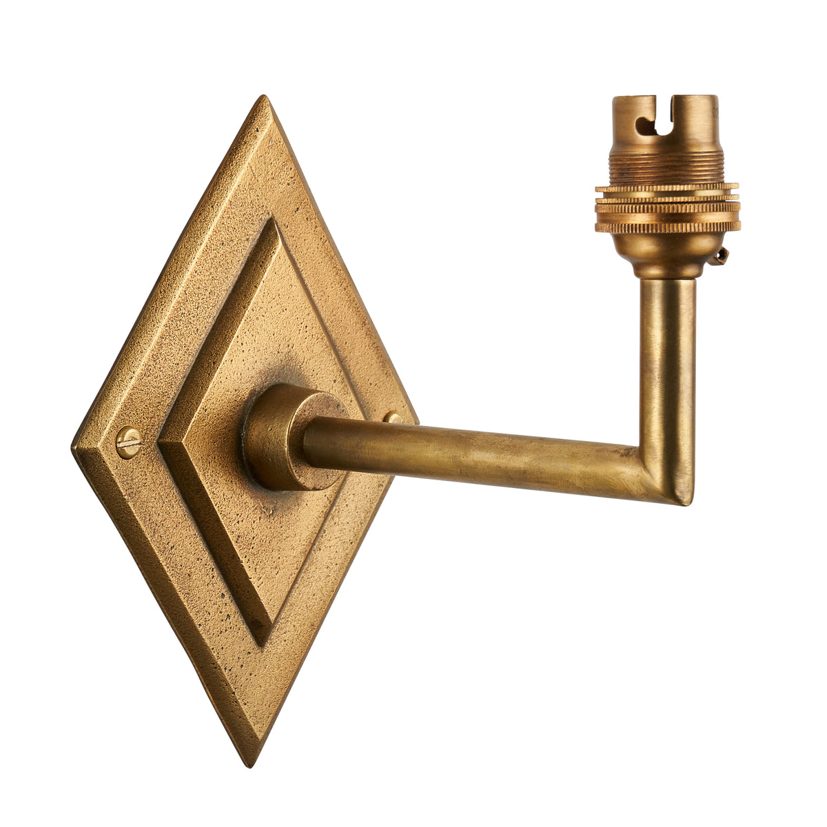 Diamond Angle antique brass wall light with diamond backplate and straight angled arm and brass bulb holder