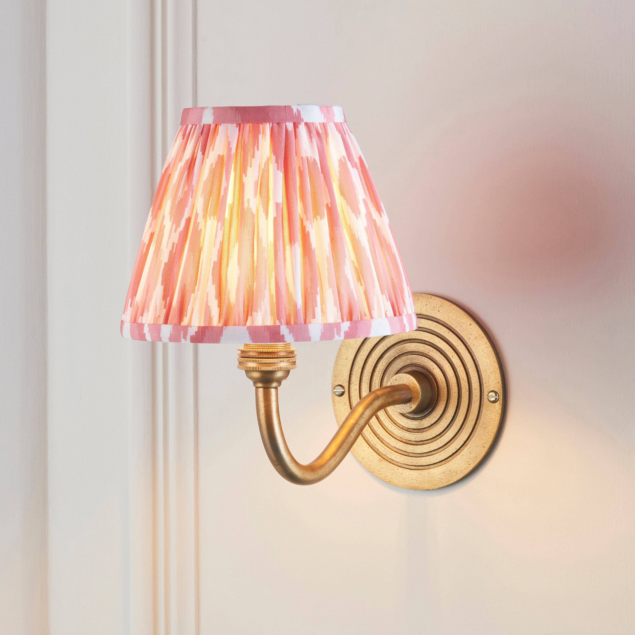 Ripple Curve Brass Wall Light & Coral Pink Ikat 16cm Shade