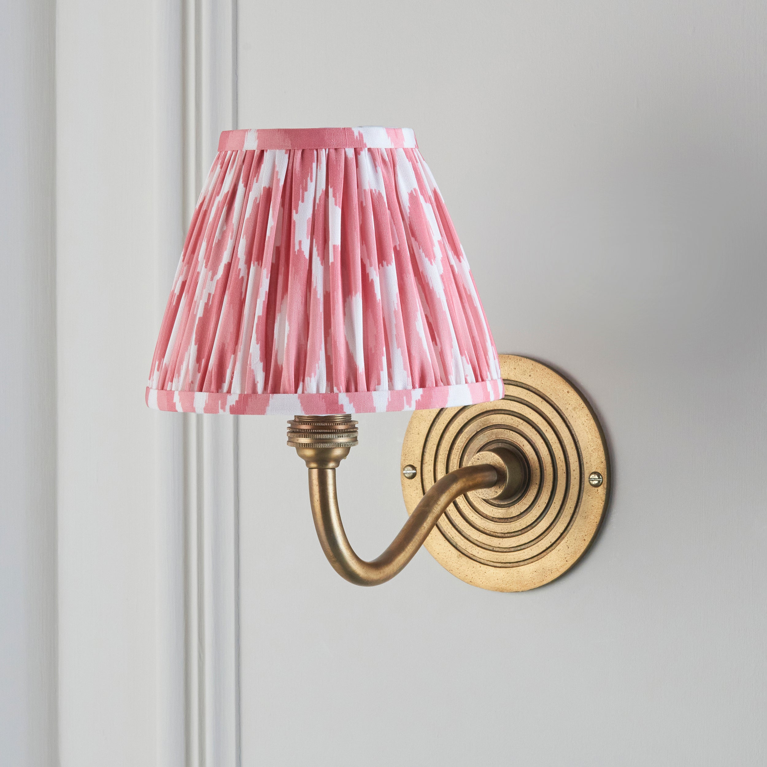Ripple Curve Brass Wall Light & Coral Pink Ikat 16cm Shade