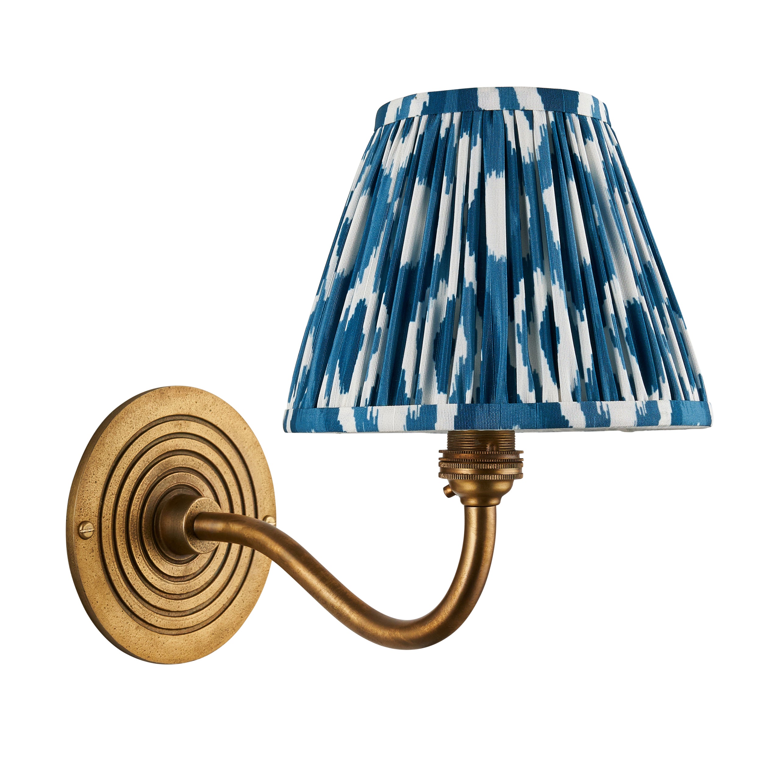 Ripple Curve Brass Wall Light & Blue Ikat 16cm Shade