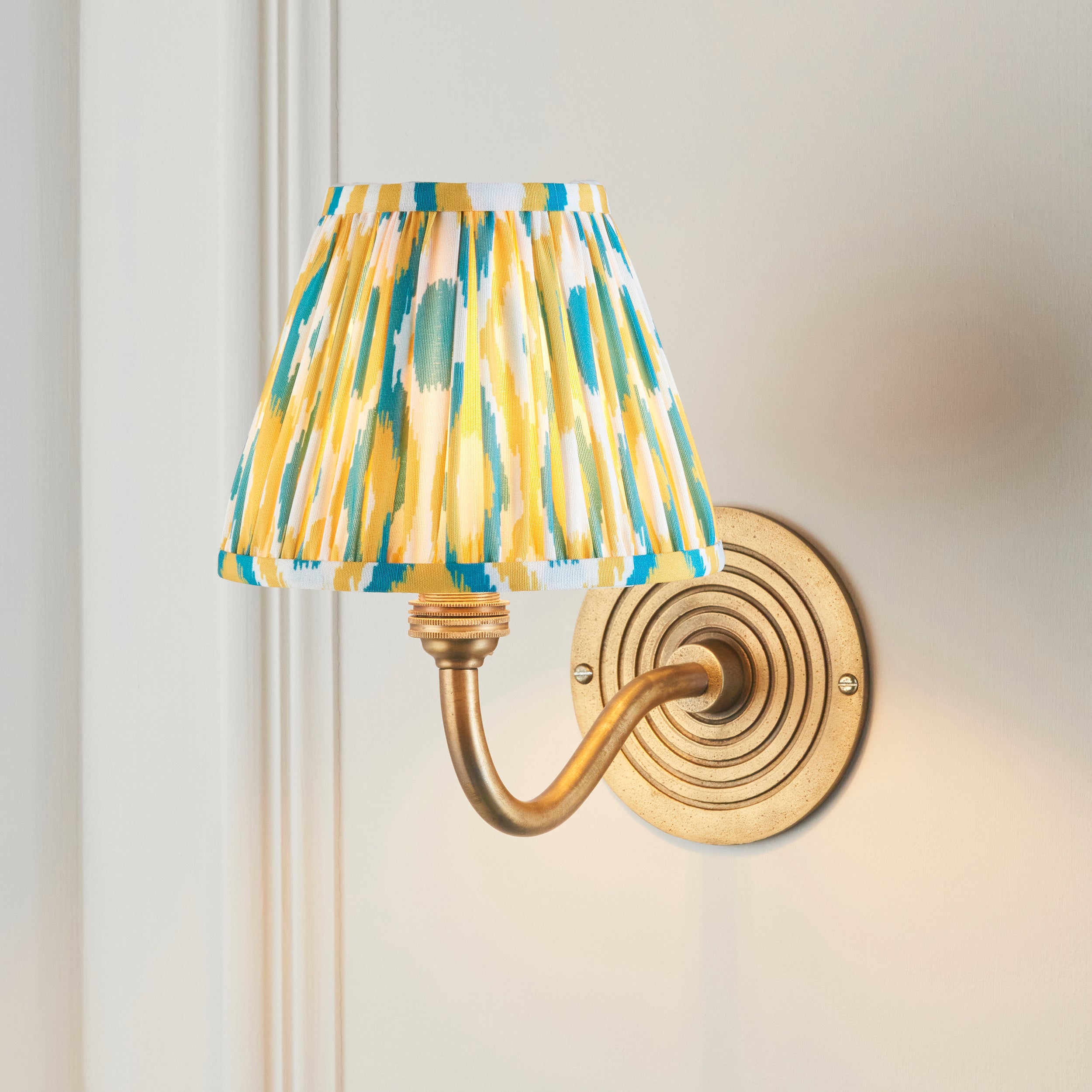 Ripple Curve Brass Wall Light & Yellow & Jade Ikat 16cm Shade