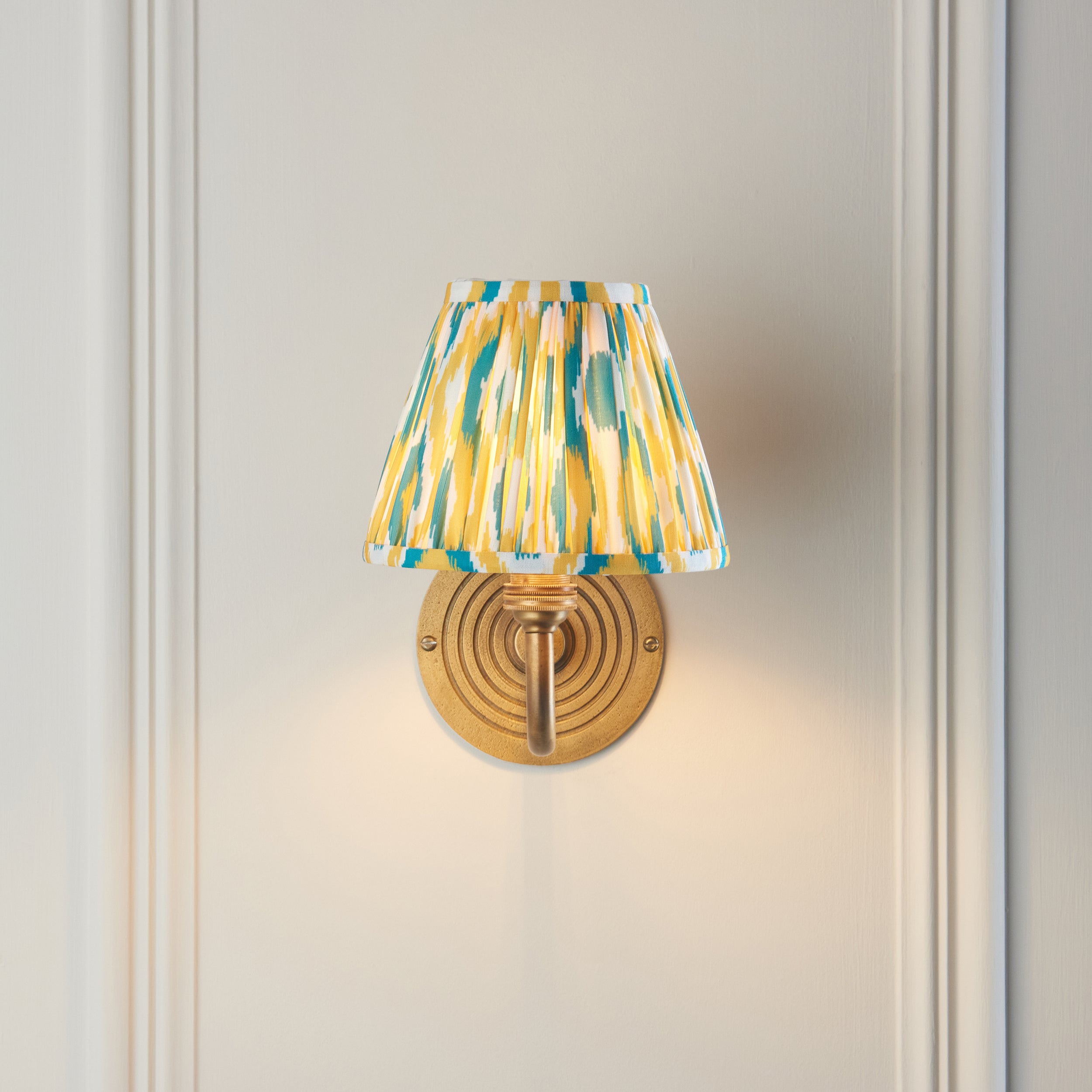Ripple Curve Brass Wall Light & Yellow & Jade Ikat 16cm Shade