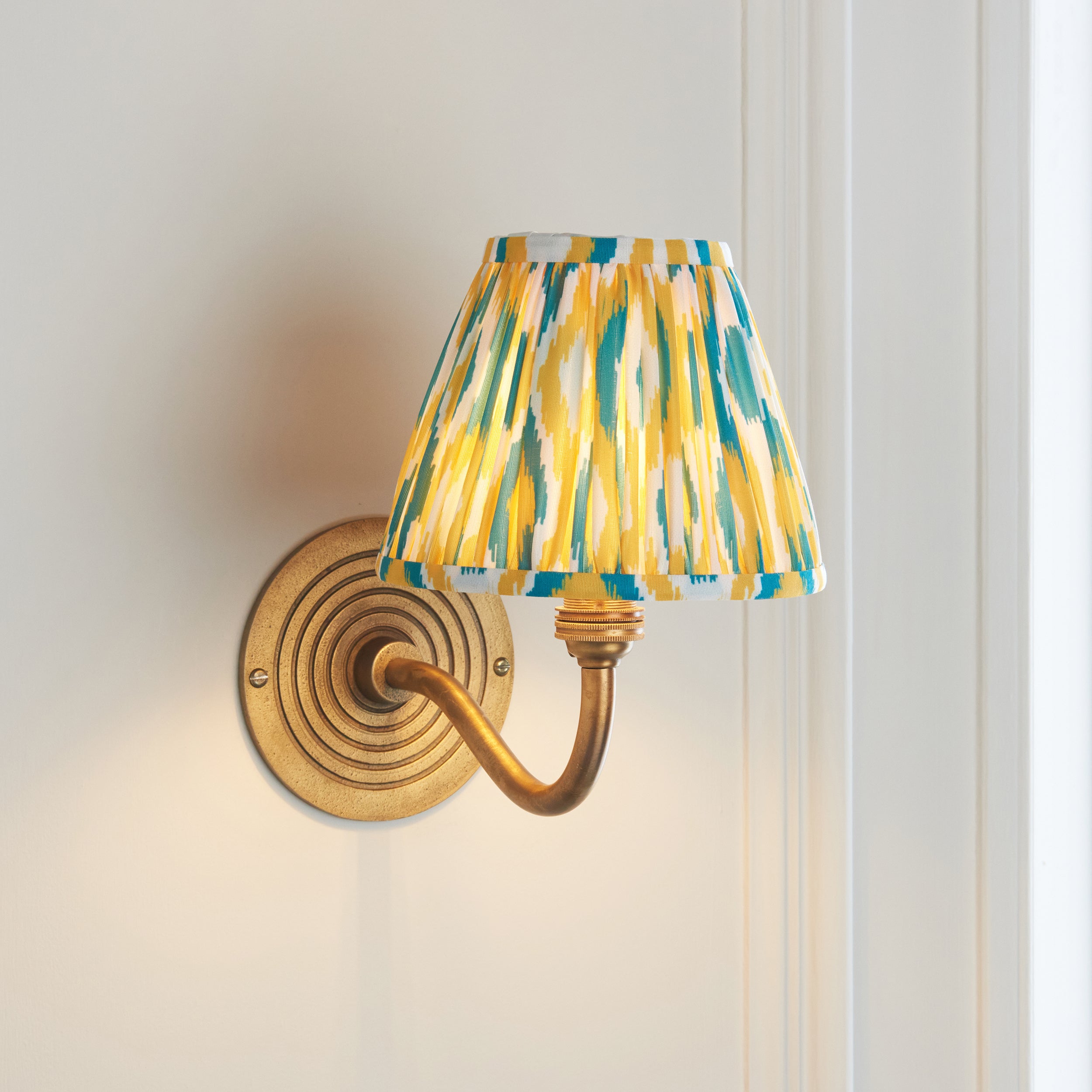 Ripple Curve Brass Wall Light & Yellow & Jade Ikat 16cm Shade