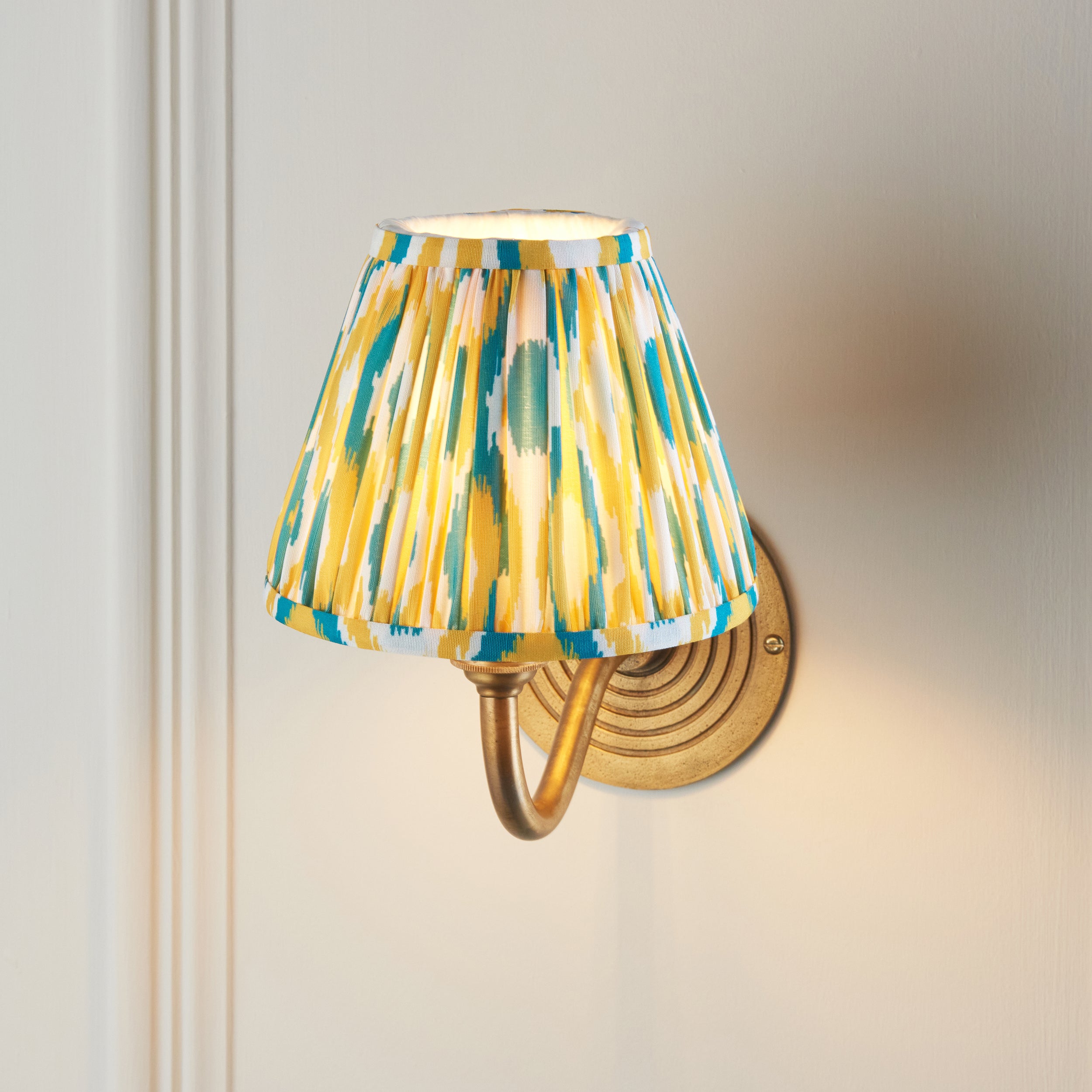 Ripple Curve Brass Wall Light & Yellow & Jade Ikat 16cm Shade
