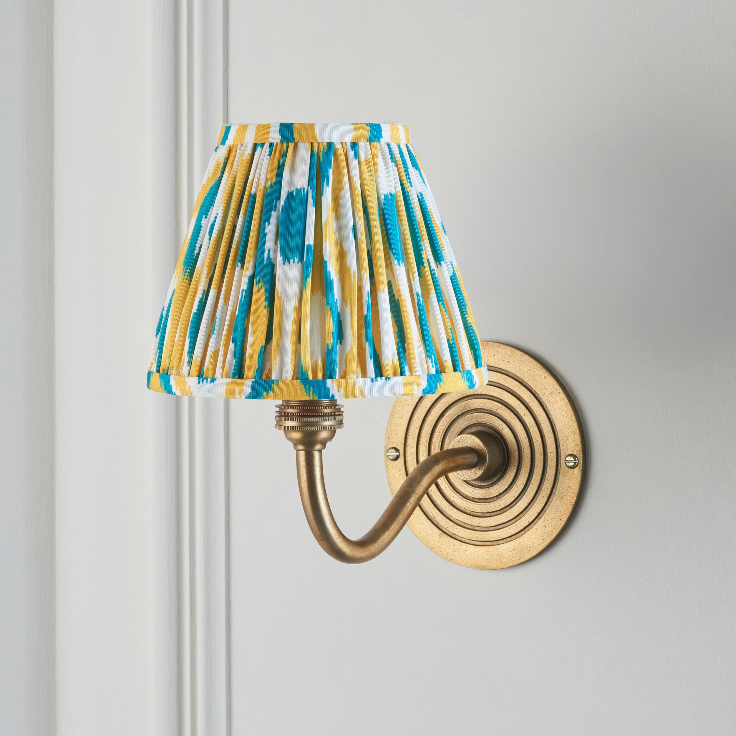 Ripple Curve Brass Wall Light & Yellow & Jade Ikat 16cm Shade