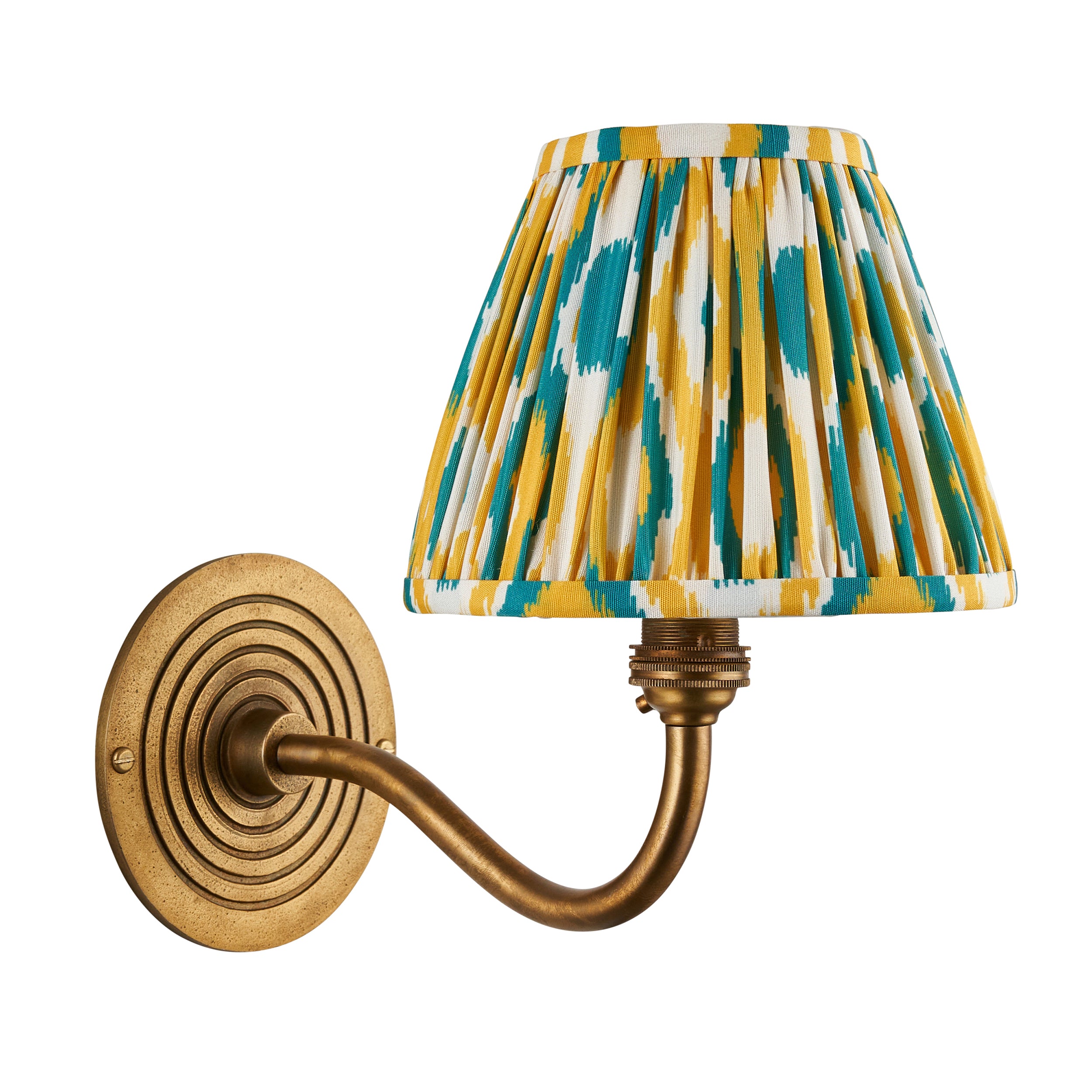 Ripple Curve Brass Wall Light & Yellow & Jade Ikat 16cm Shade