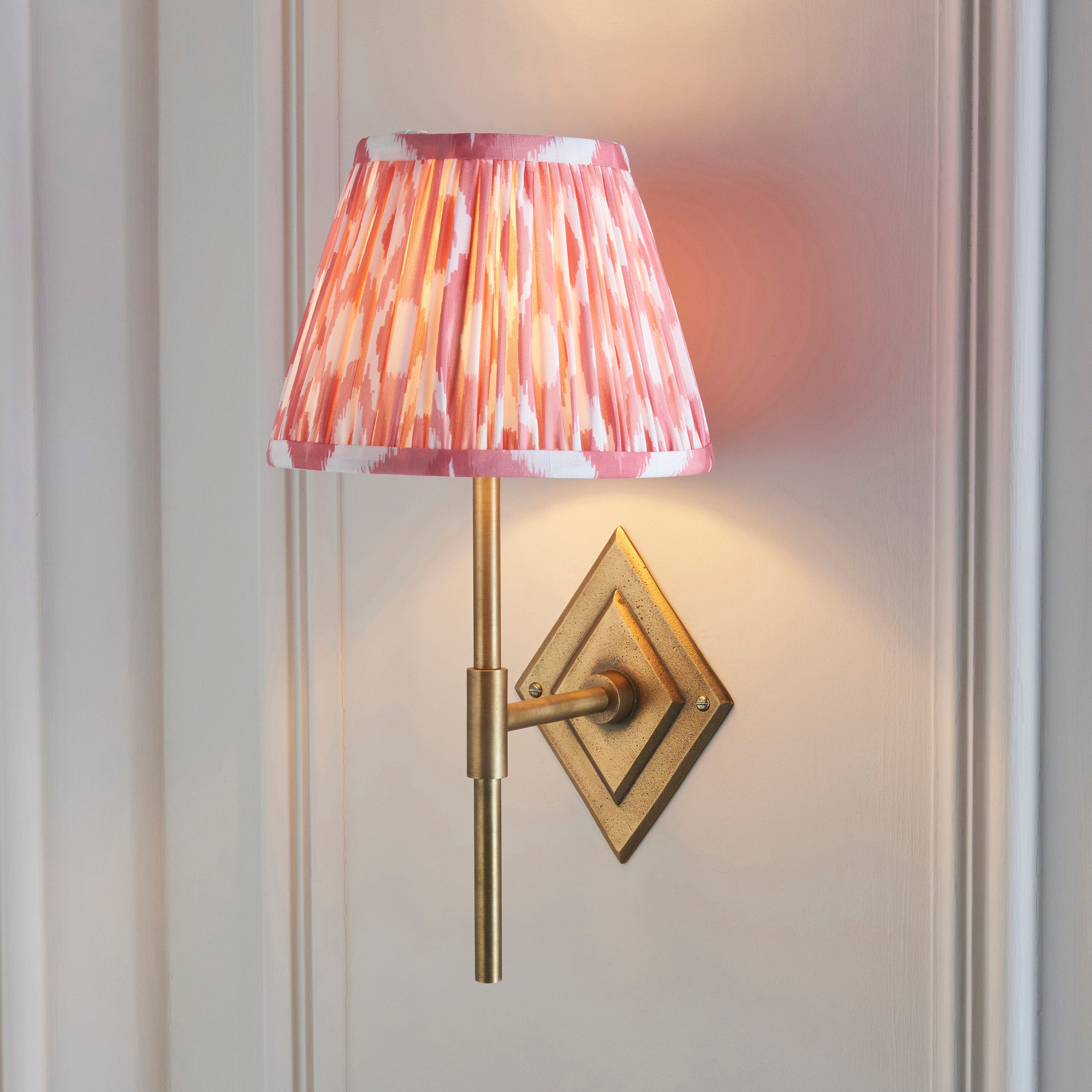 Diamond Brass Tall Wall Light & Coral Pink Ikat 20cm Shade