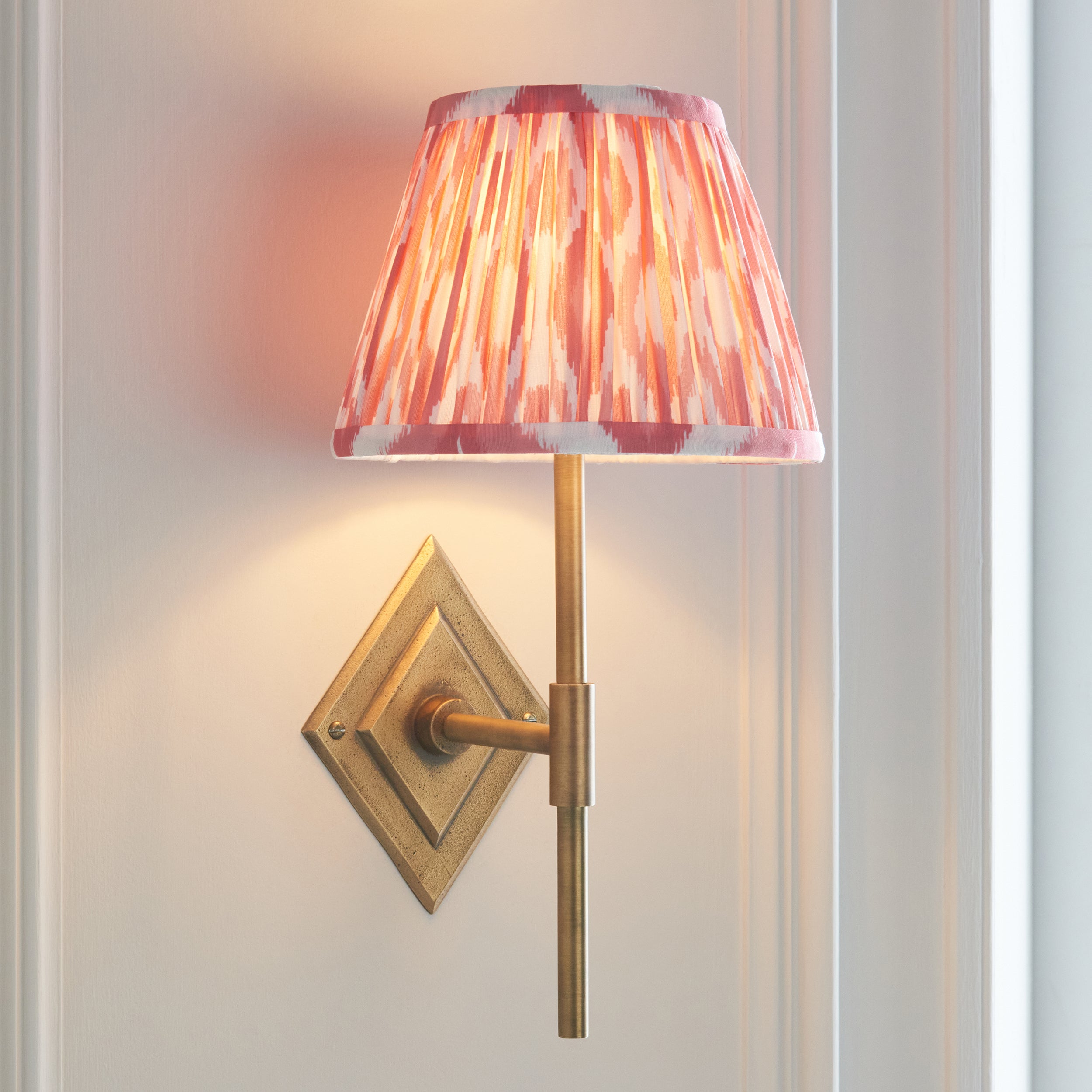 Diamond Brass Tall Wall Light & Coral Pink Ikat 20cm Shade