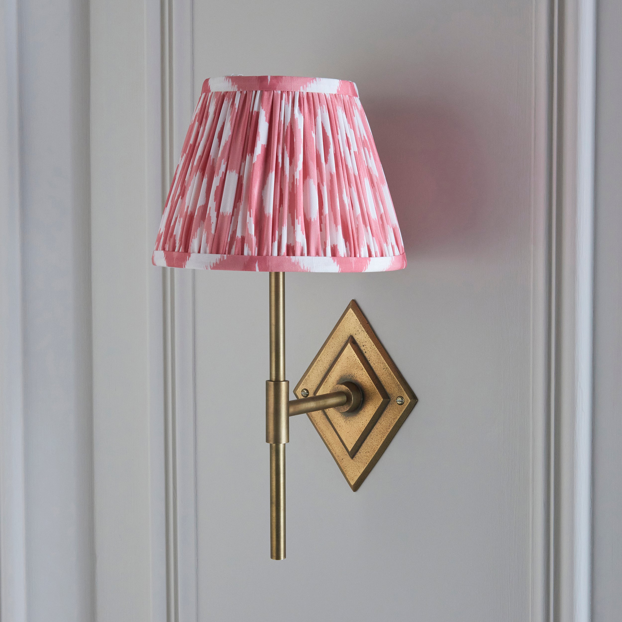 Diamond Brass Tall Wall Light & Coral Pink Ikat 20cm Shade