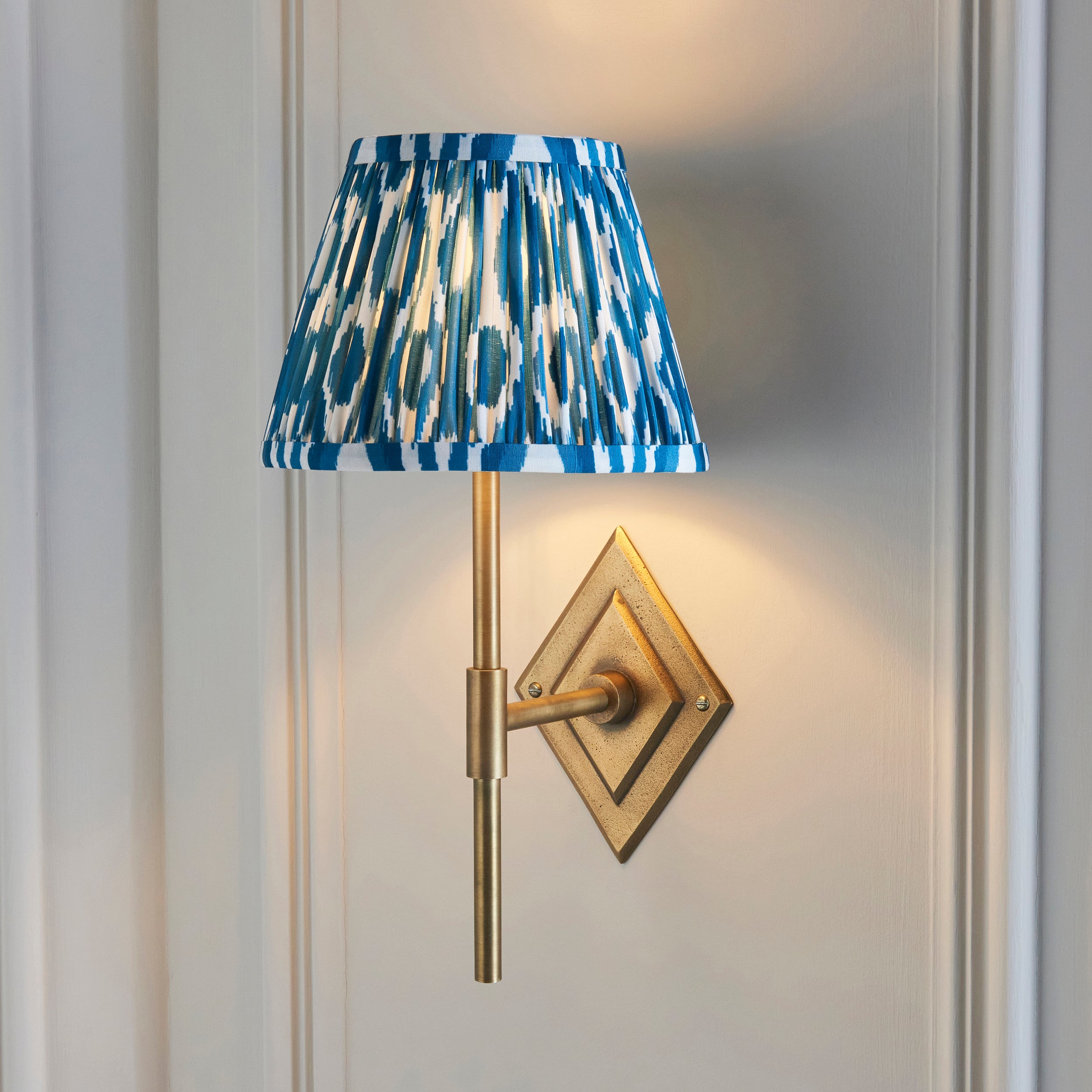Diamond Brass Tall Wall Light & Blue Ikat 20cm Shade