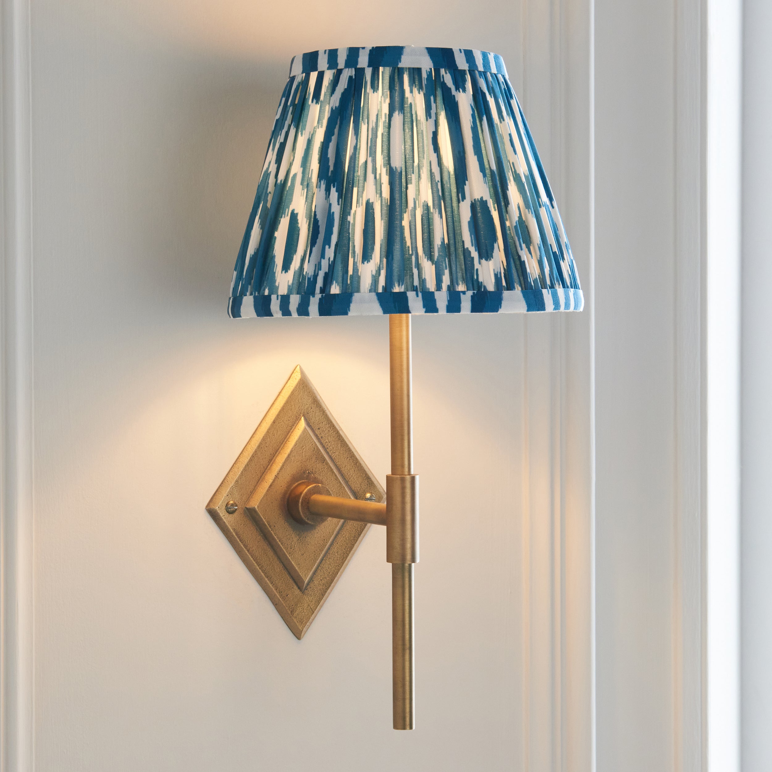 Diamond Brass Tall Wall Light & Blue Ikat 20cm Shade