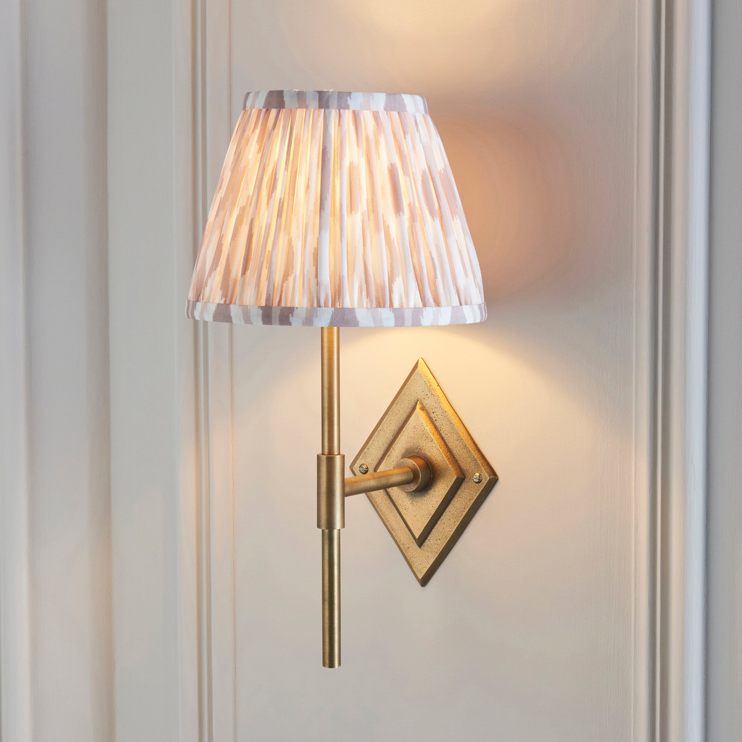 Diamond Brass Tall Wall Light & Neutral Ikat 20cm Shade