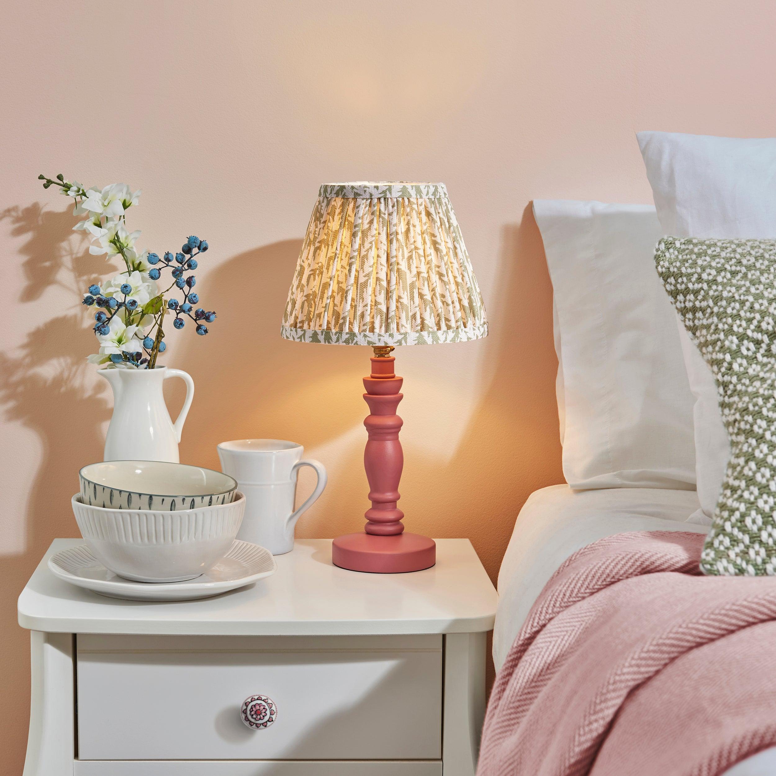 Bibury Pink Table Lamp & Leaf 20cm Herb Garden Green Shade