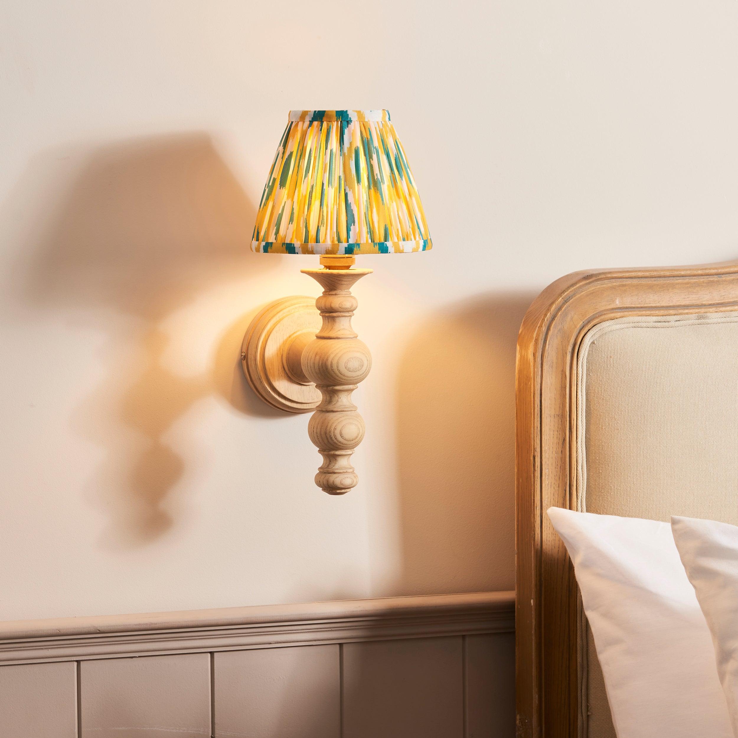 Bibury Wooden Wall Light & Ikat 16cm Yellow & Jade Shade