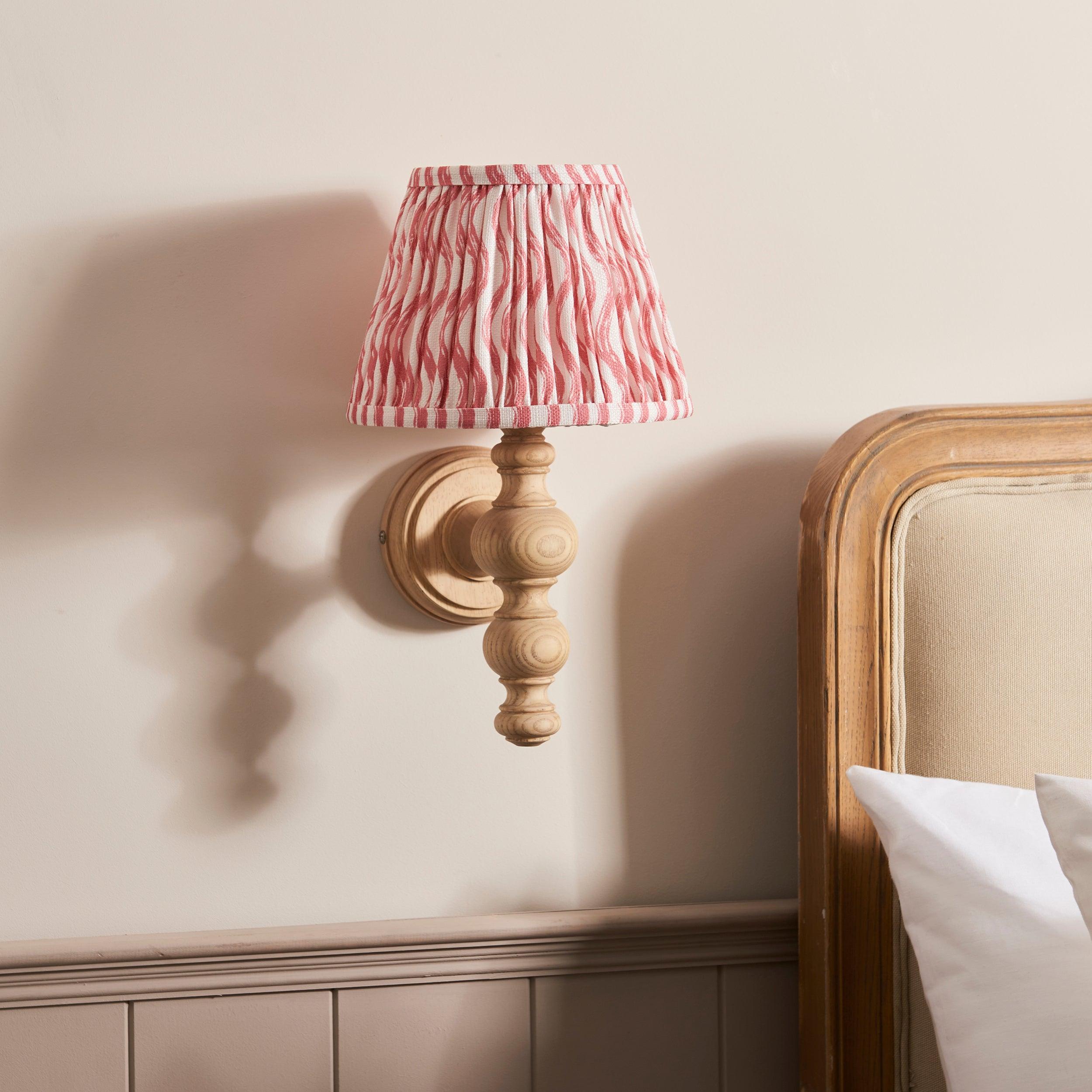Bibury Wooden Wall Light & Ripple 20cm Coral Pink Shade