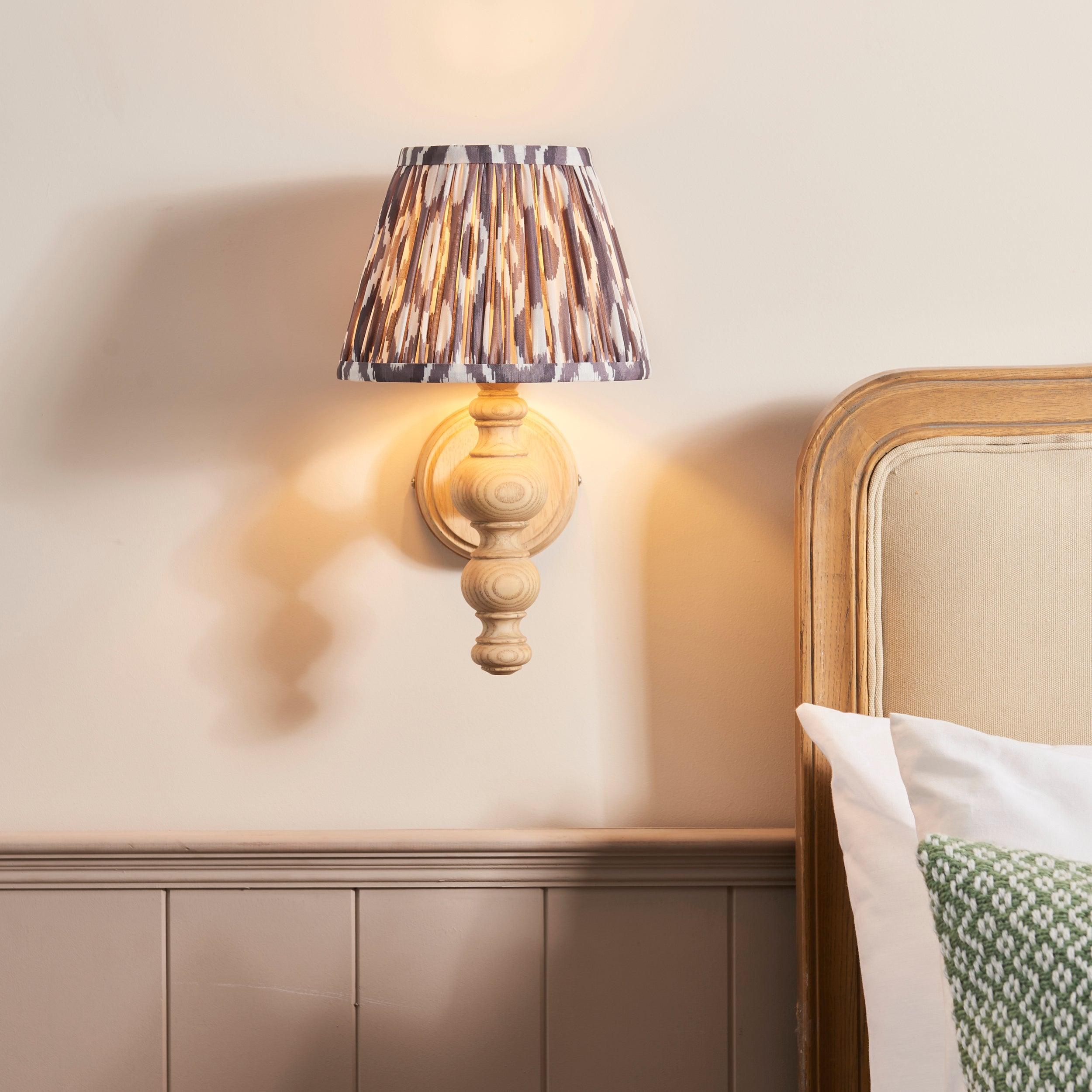 Bibury Wooden Wall Light & Ikat 20cm Pearl Grey Shade